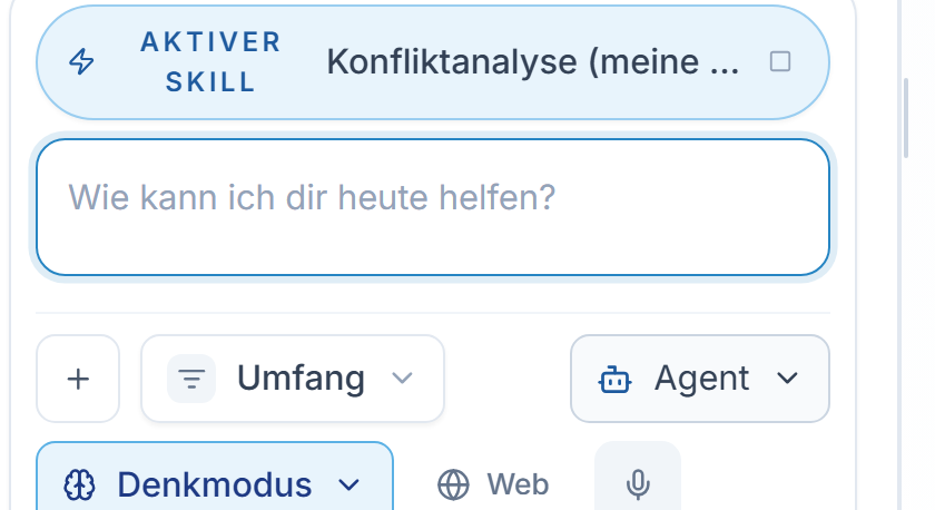 Der Chip „Aktiver Skill“ mit dem Namen des Skills, angeheftet über dem Eingabefeld.
