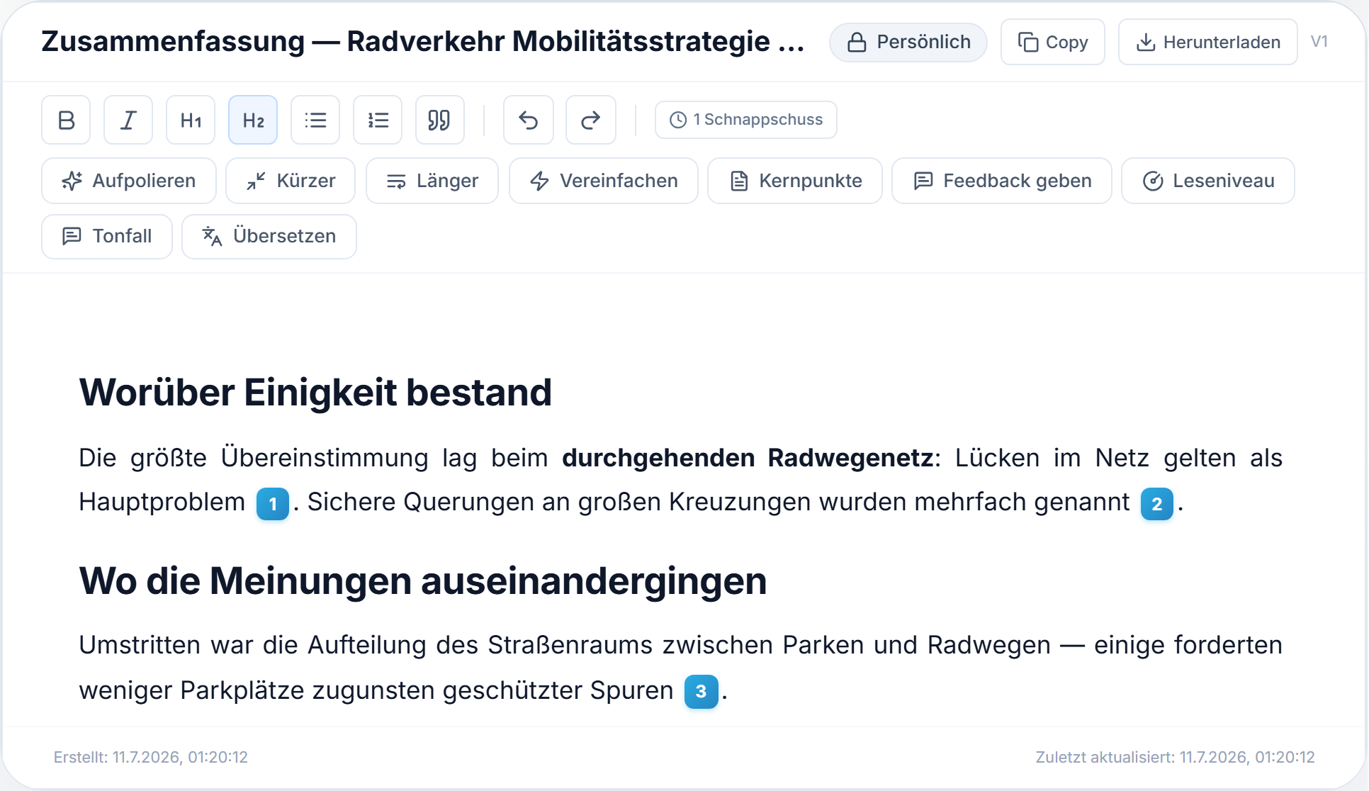 Ein Dokument im Canvas: die Formatierungsleiste, die KI-Umschreibaktionen (Aufpolieren, Vereinfachen, Übersetzen…) und Zitat-Chips im Text.