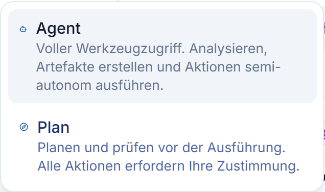 Das Modus-Menü unter dem Eingabefeld: Wählen Sie zwischen Agent und Plan.