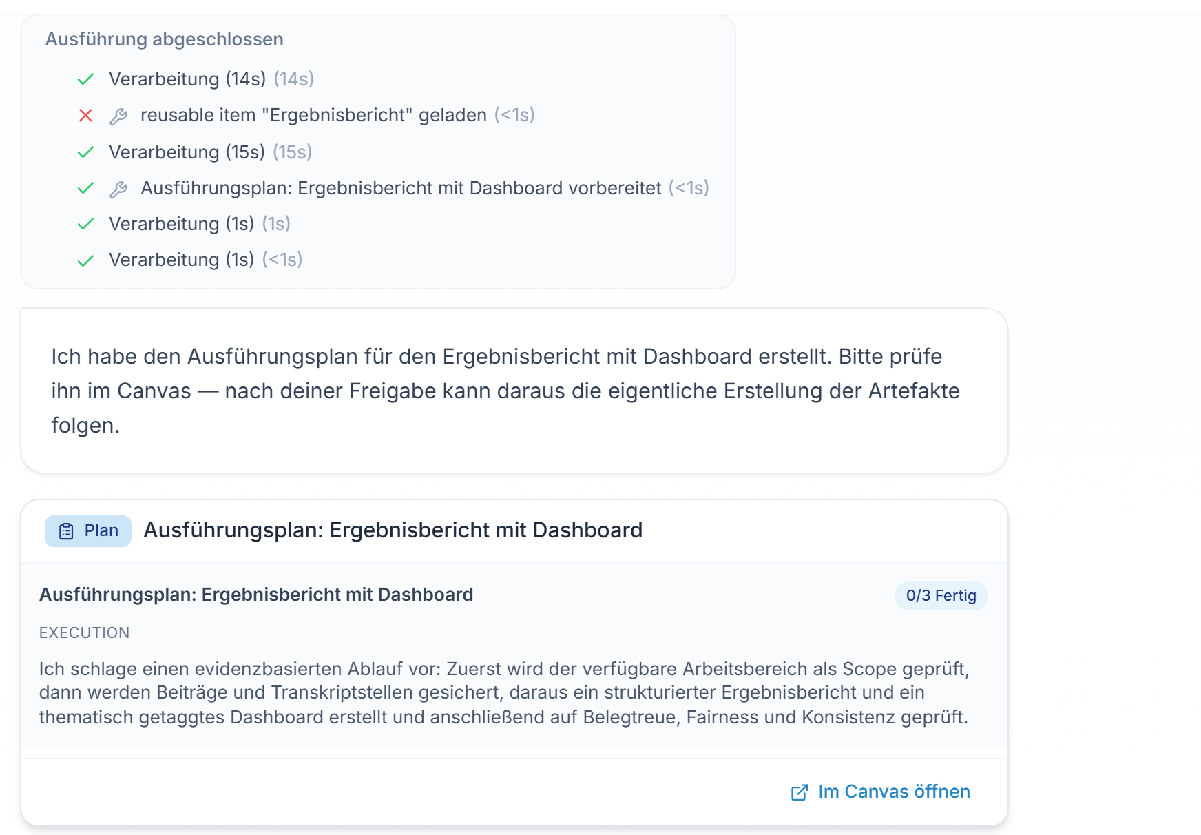 Antwort im Plan-Modus: die Assistenten-Nachricht und die Plan-Karte mit Schrittzähler und dem Link „Im Canvas öffnen".