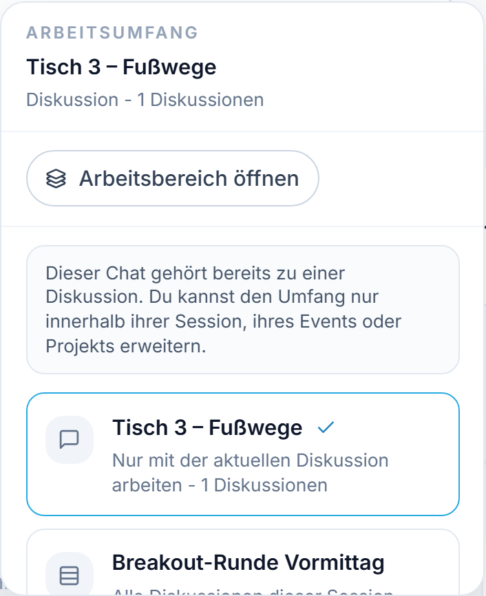 Das Menü „Arbeitsumfang“ in einer Diskussion: die festen Stufen Diese Diskussion, Diese Session, Dieses Event und Dieses Projekt.