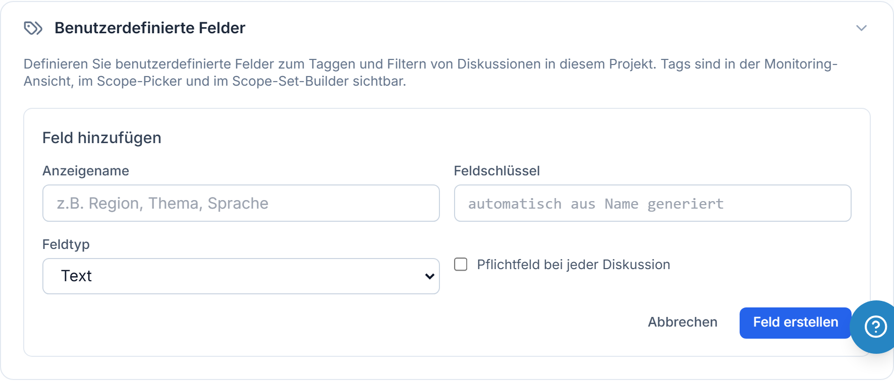Der aufgeklappte Bereich „Benutzerdefinierte Felder“ mit dem Formular „Feld hinzufügen“: Anzeigename, Feldschlüssel, Feldtyp und Pflicht-Schalter.