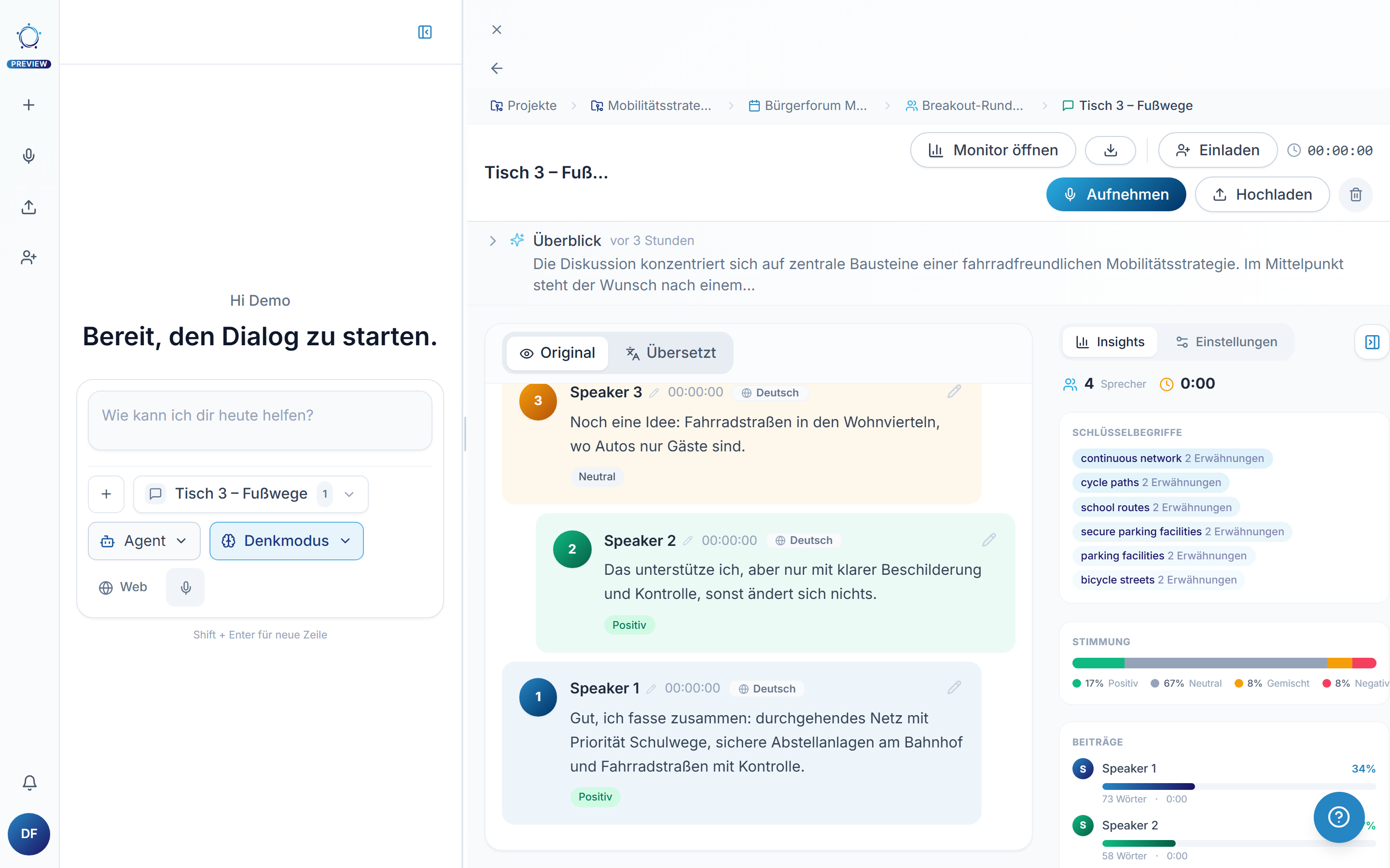 Die Diskussionsansicht nach dem Erstellen: Links wächst das Transkript, während die Personen sprechen.