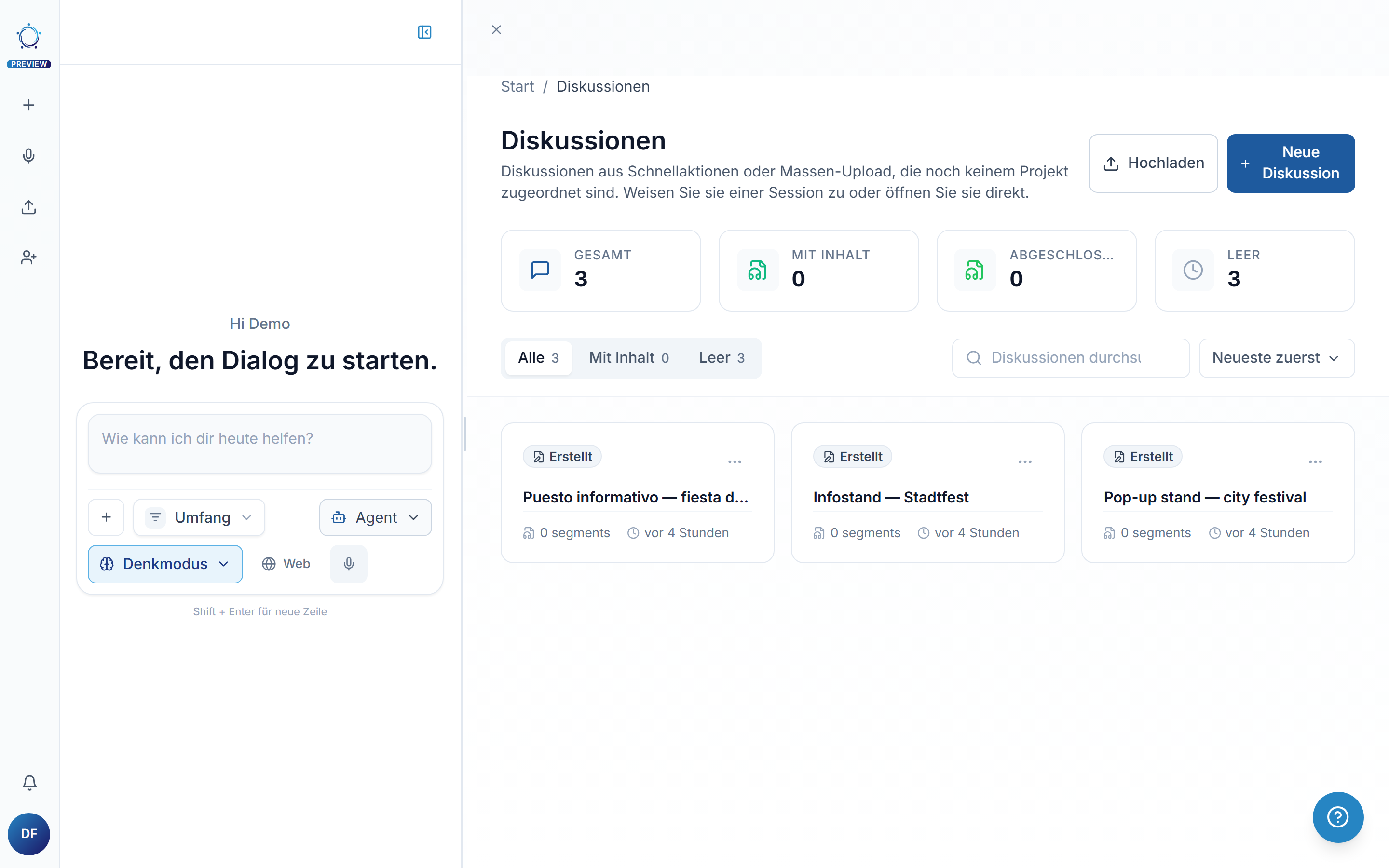 Die Liste nicht zugeordneter Diskussionen mit Filtern und Zählern
