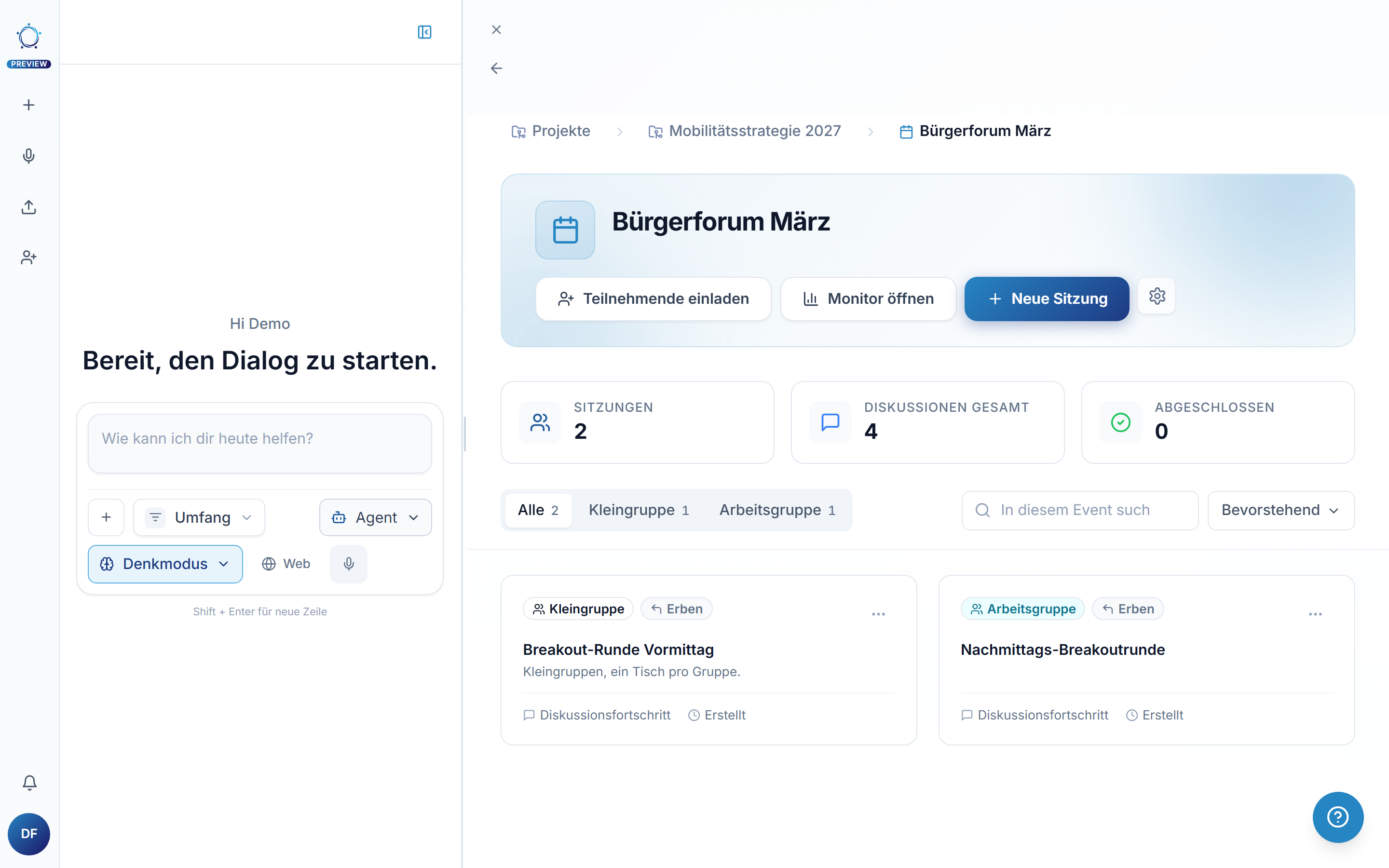 Die Event-Seite: Session-Karten mit Format-Badges und Diskussions-Fortschritt, oben rechts der Button Neue Sitzung