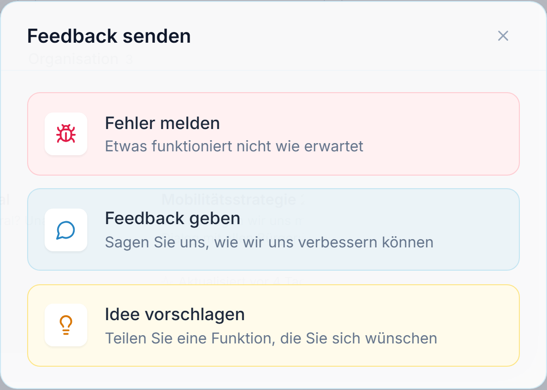 Der Feedback-Dialog: Wählen Sie Fehler melden, Feedback geben oder Idee vorschlagen, beschreiben Sie das Problem und hängen Sie mit Screenshot aufnehmen Ihre Ansicht an.