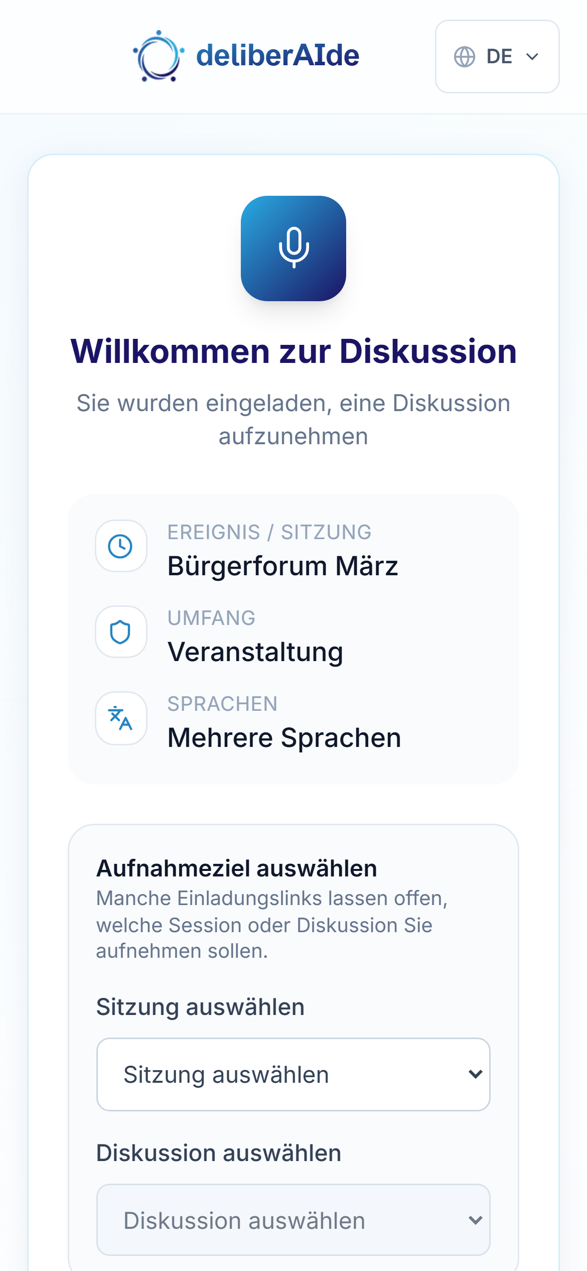 Die Startseite mit dem Bereich „Aufnahmeziel auswählen“ und den Listen „Sitzung auswählen“ und „Diskussion auswählen“.