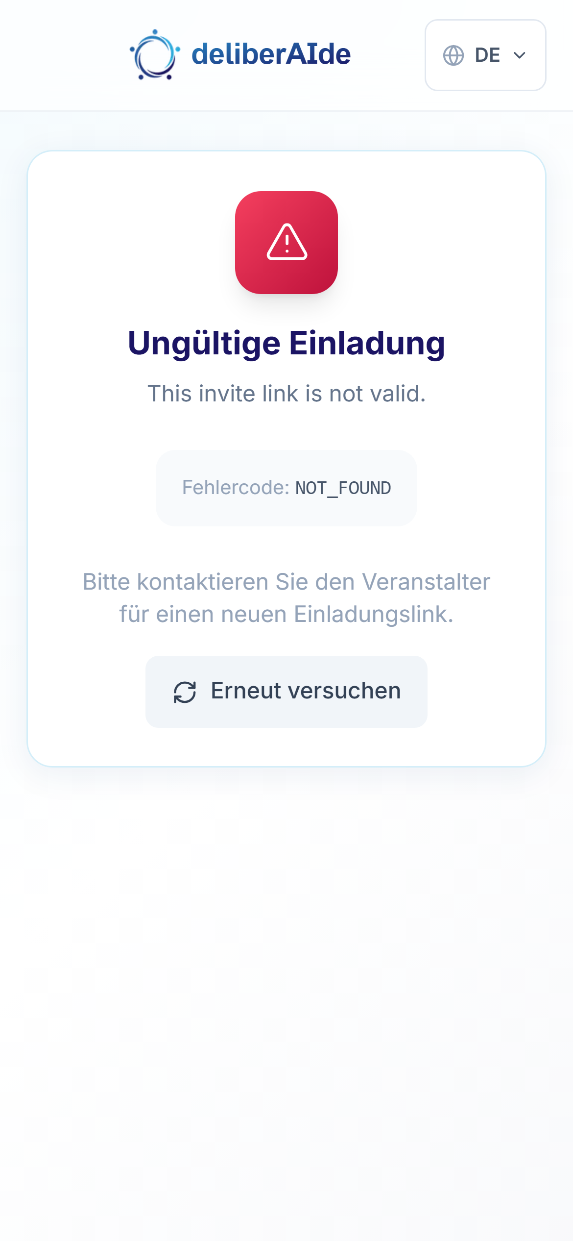 Die Seite Ungültige Einladung auf dem Handy eines Gasts mit der Bitte, sich für einen neuen Link an die Veranstaltenden zu wenden.