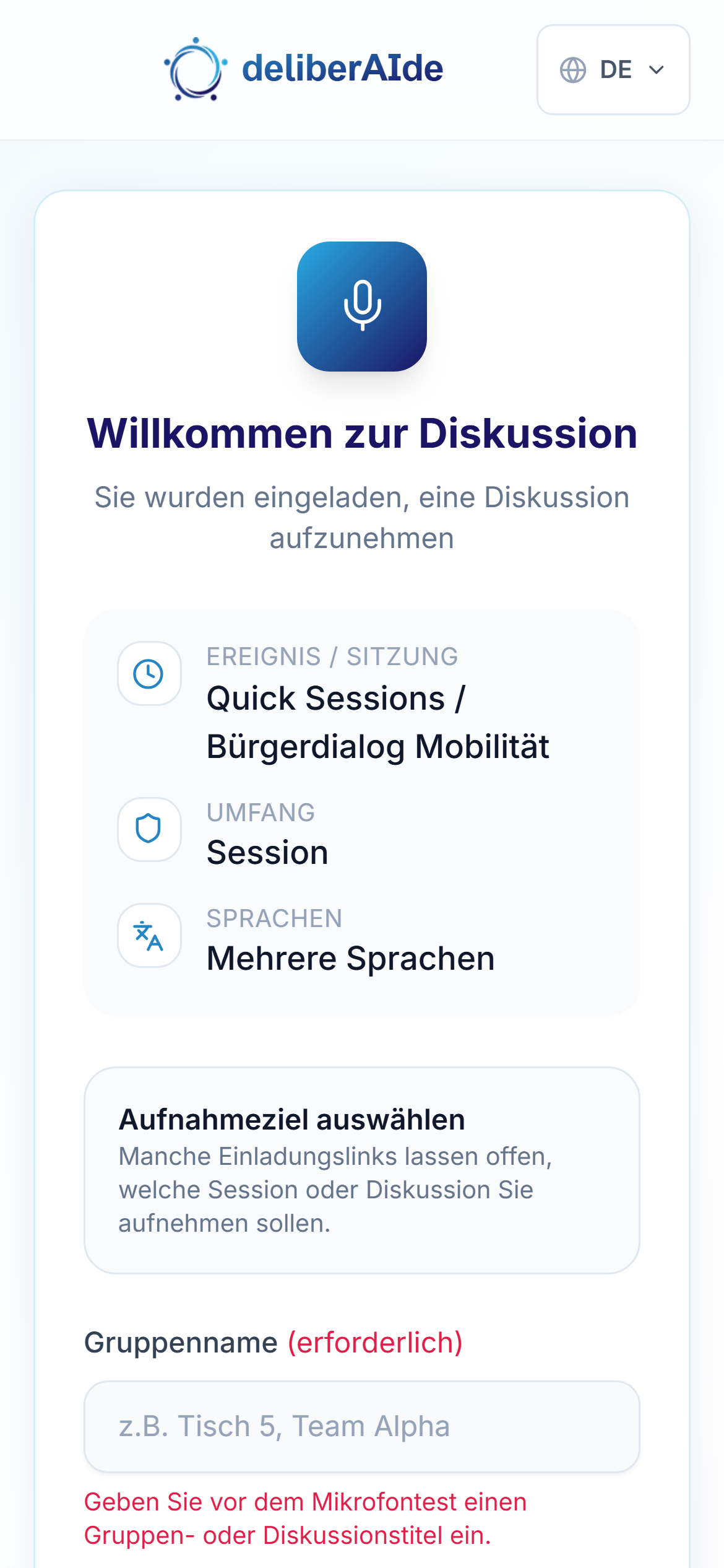 Die Begrüßungsseite für Gäste — Gruppenname und Einwilligung, kein Konto