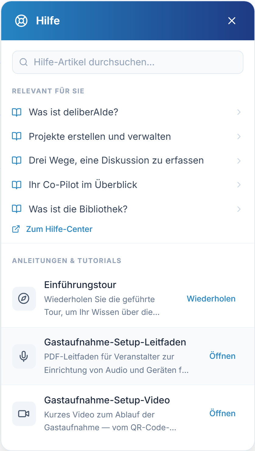 Das Hilfe-Panel hinter dem ?-Button mit Anleitungen und kurzen Videos unter Anleitungen & Tutorials.