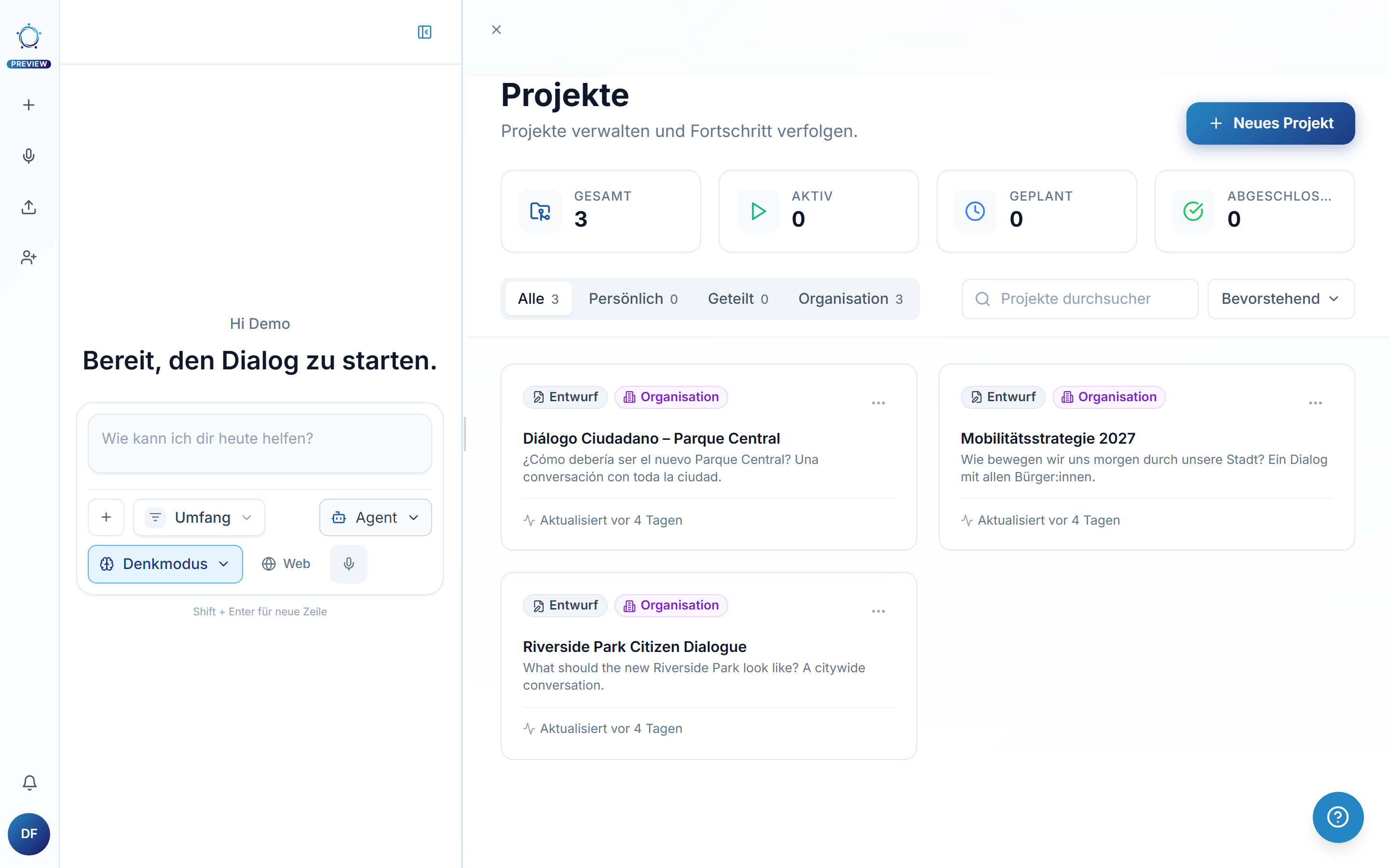 Ihre Projekte: Die Karte des Beispielprojekts steht neben Ihren eigenen Projekten