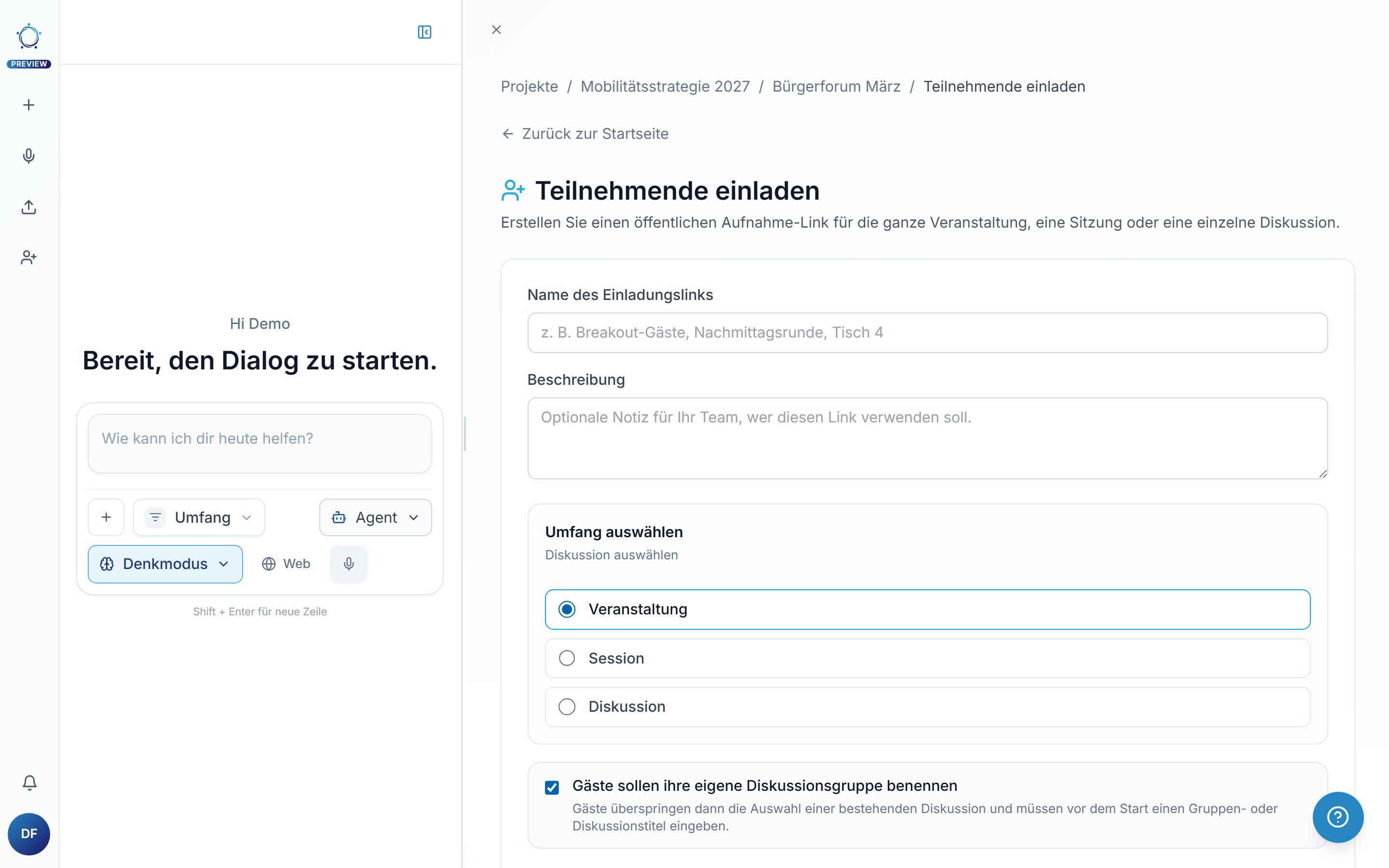 Die Einladungsseite der Veranstaltung: Erstellen Sie einen neuen Link und verwalten Sie jeden Eintrag unter Bestehende Einladungslinks.