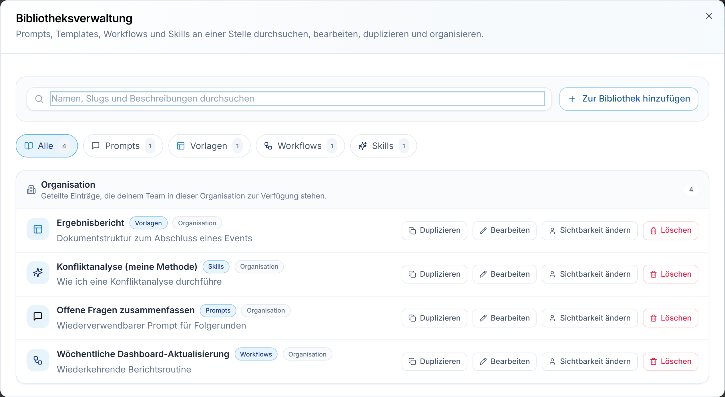 Die Bibliotheksverwaltung: Suche, Kategoriefilter und die Einträge Ihrer Organisation mit den Aktionen Duplizieren, Bearbeiten, Sichtbarkeit ändern und Löschen.