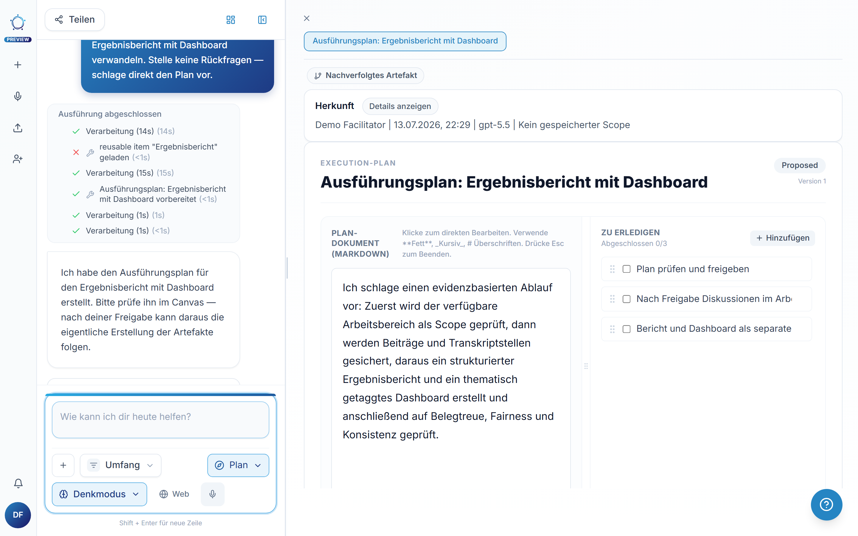 Der Plan im Canvas: links das Plan-Dokument, rechts die Schrittliste mit Kontrollkästchen, oben der Status „Vorgeschlagen".