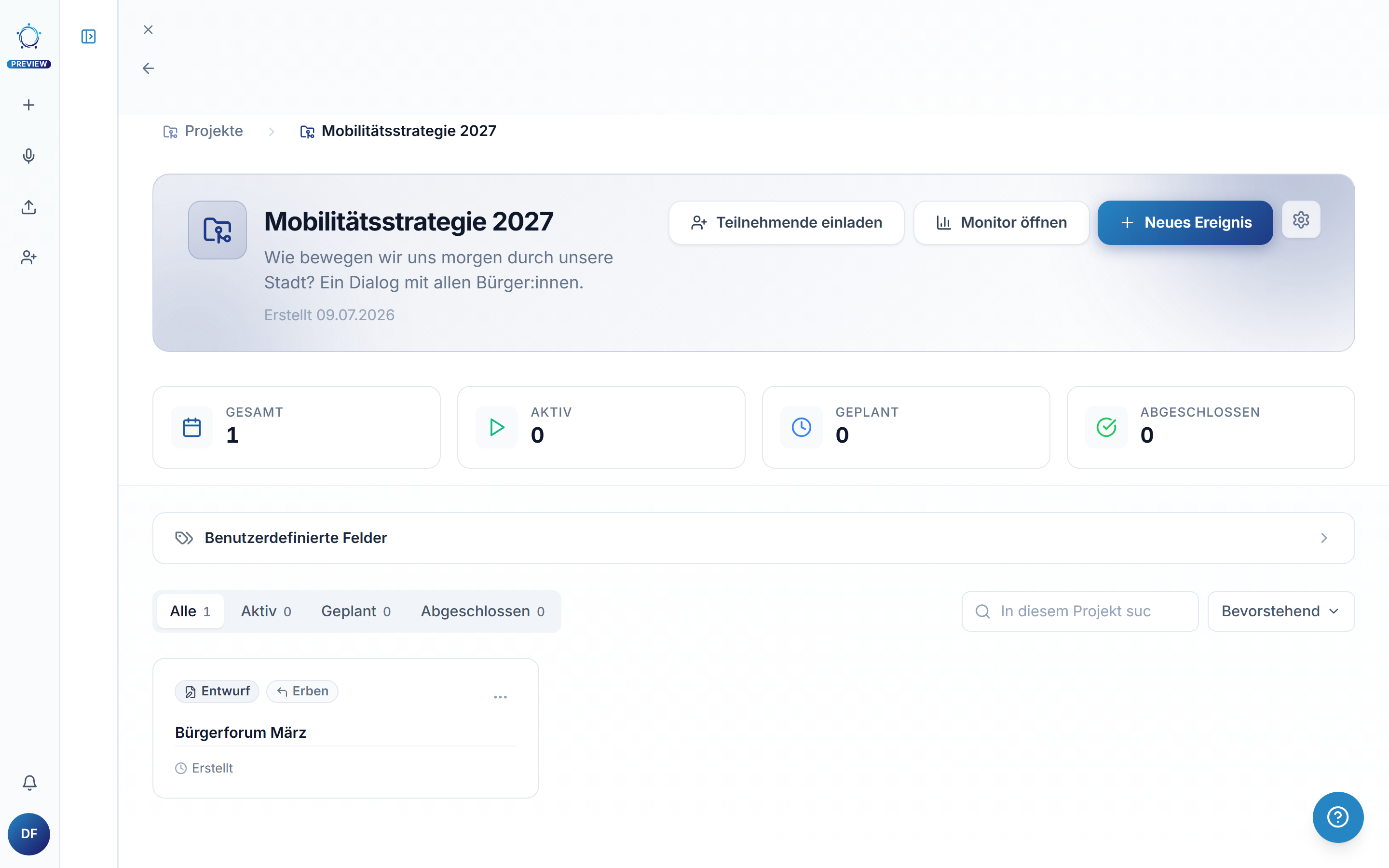 Die Projektseite: eine Karte pro Event, oben rechts der Button Neues Ereignis.