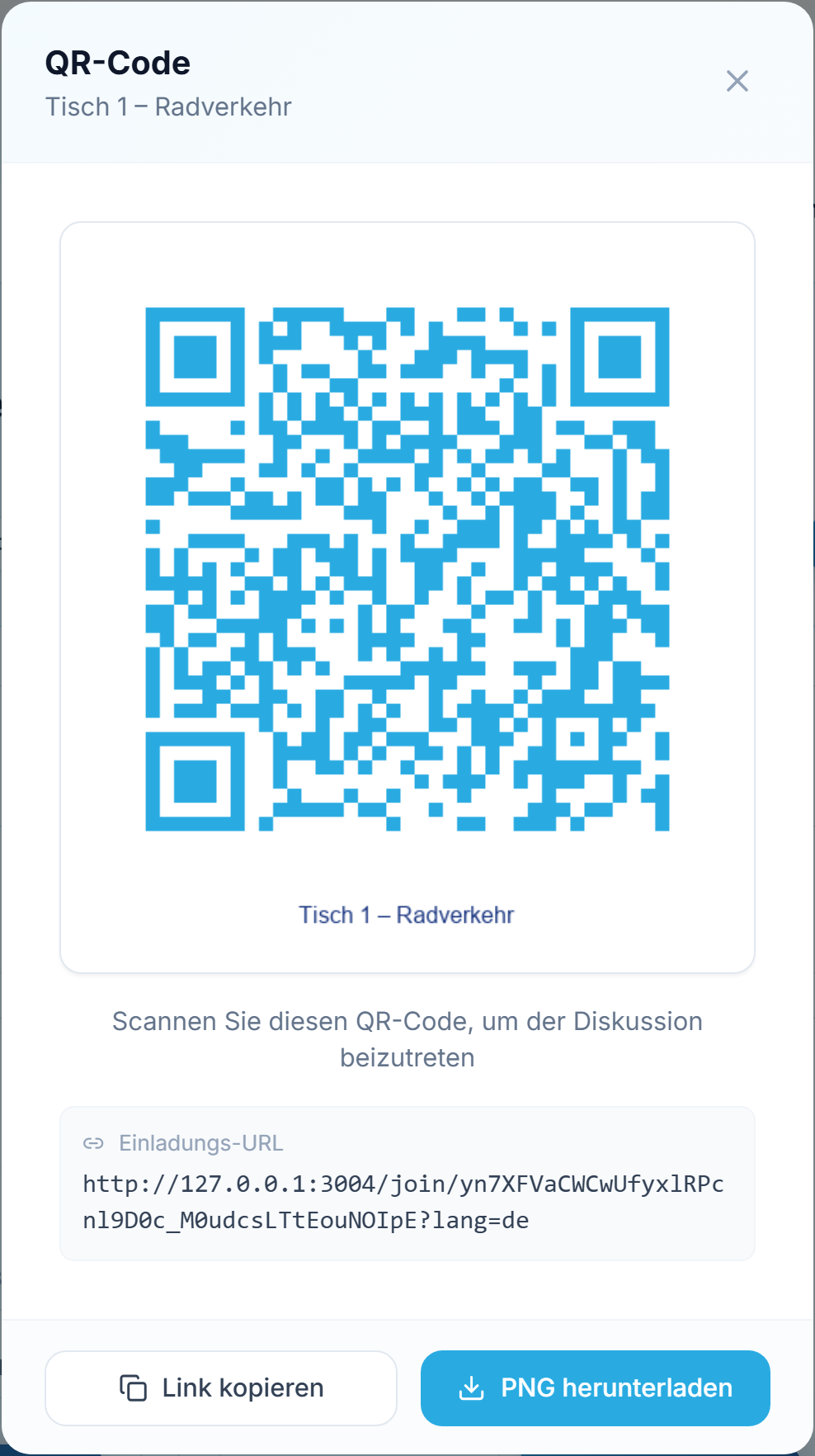 Das QR-Code-Fenster: der scanbare Code, darunter die Einladungs-URL und der Button zum PNG-Download.