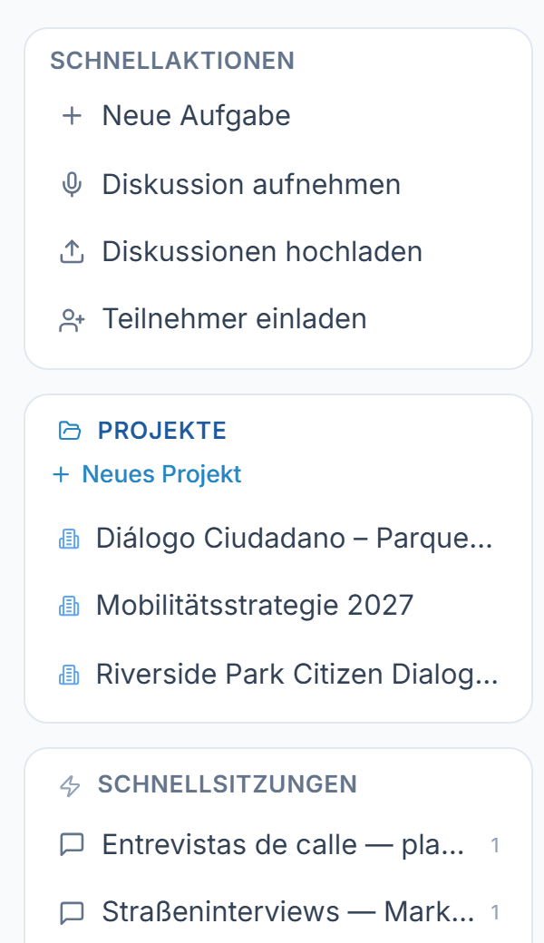 Die Schnellaktionen in der Seitenleiste: Diskussion aufnehmen, Diskussionen hochladen und Teilnehmer einladen.