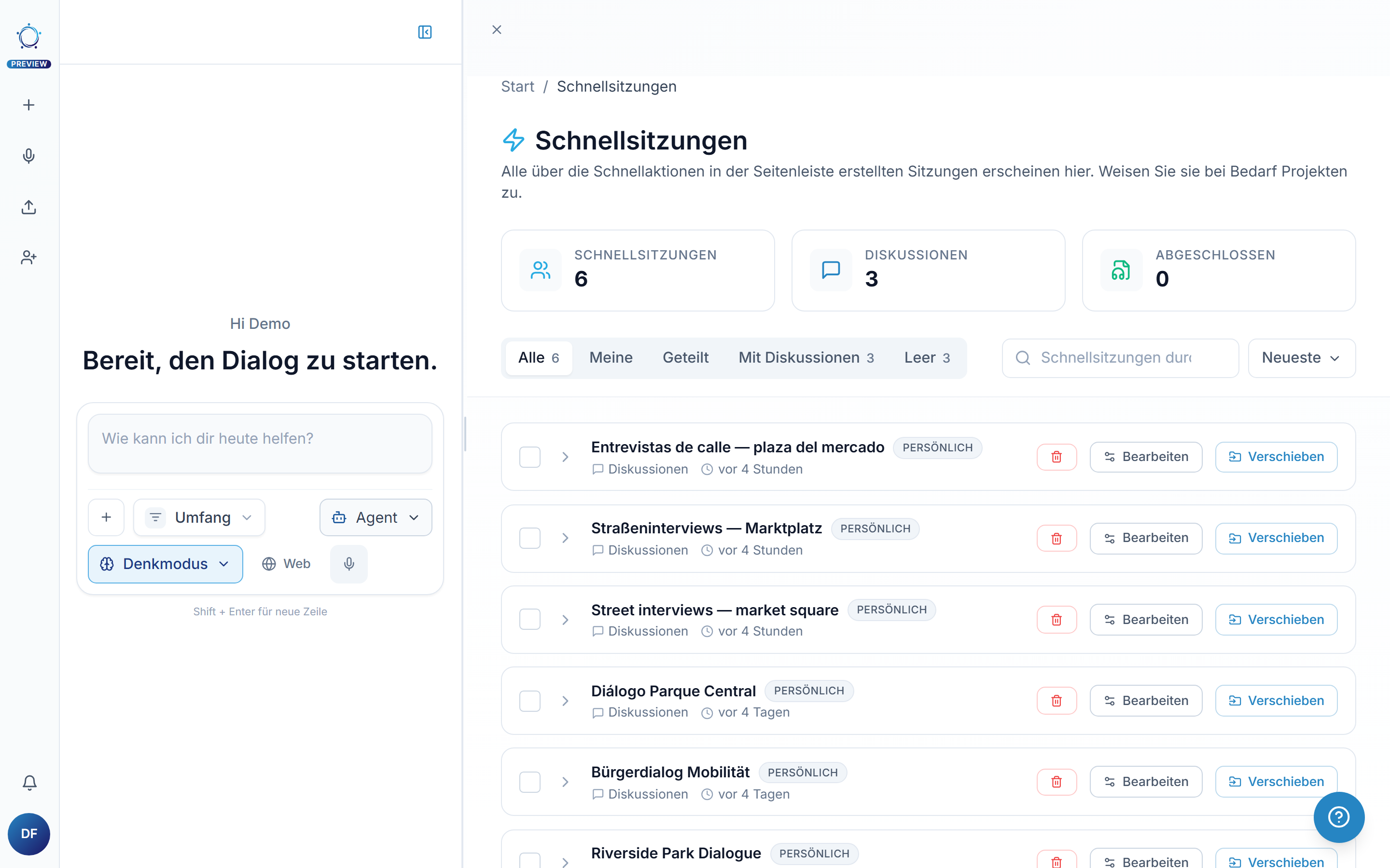 Die Seite Schnellsitzungen mit Sitzungskarten, Filtern und Suche