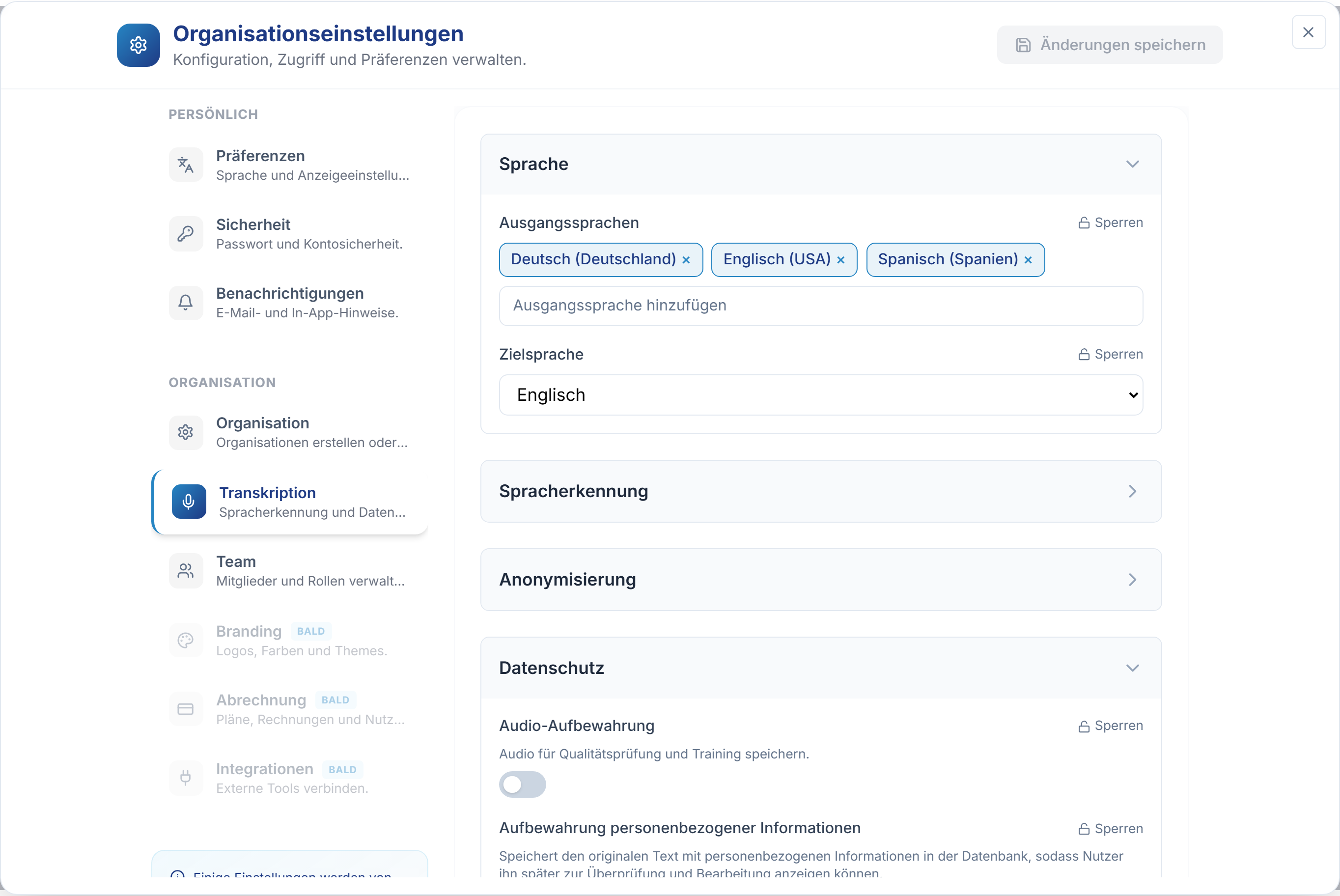 Der Abschnitt Sprache in den Transkriptions-Einstellungen mit den Feldern Ausgangssprachen und Zielsprache.