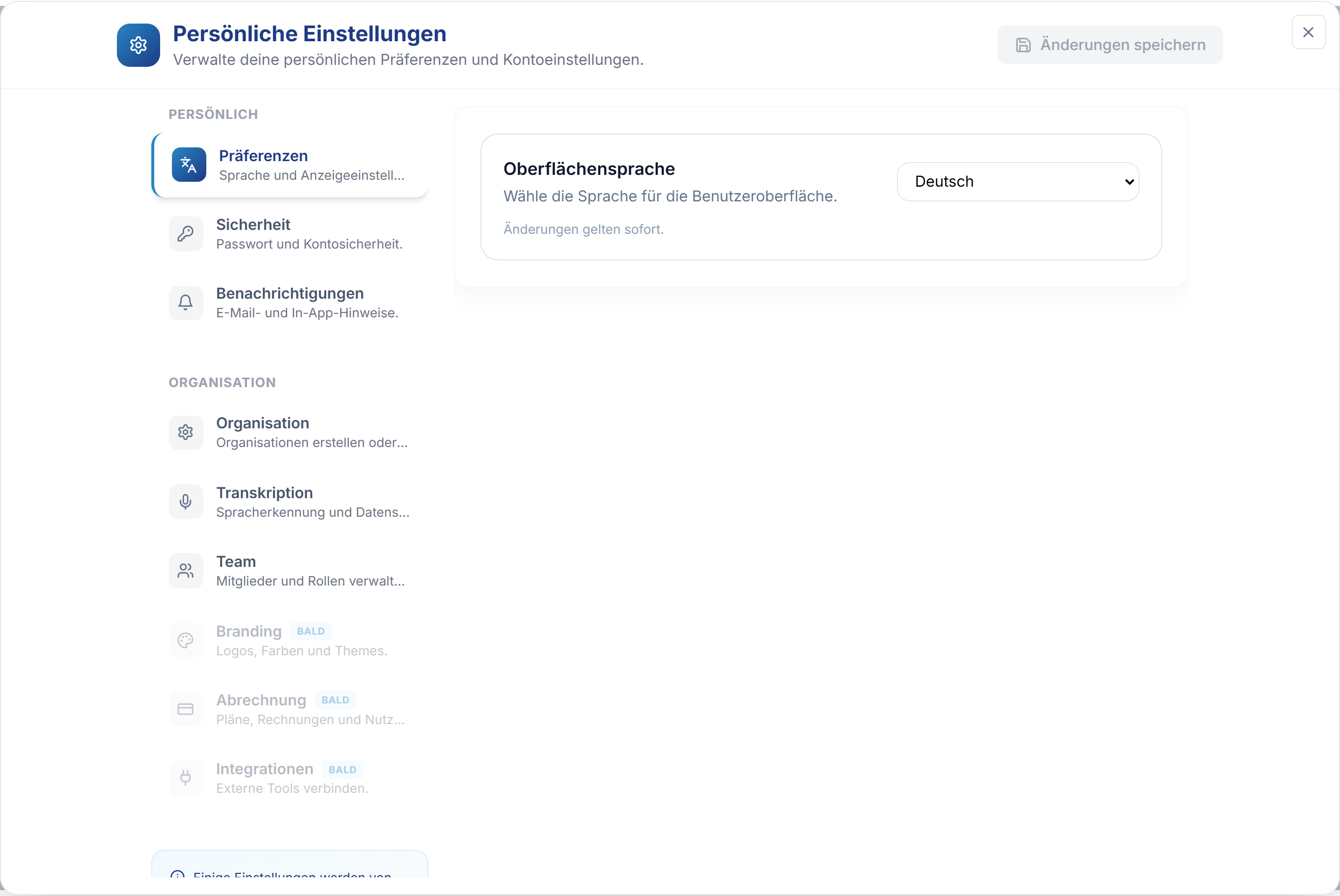 Öffnen Sie in den Einstellungen Persönlich → Präferenzen und wählen Sie Ihre Oberflächensprache