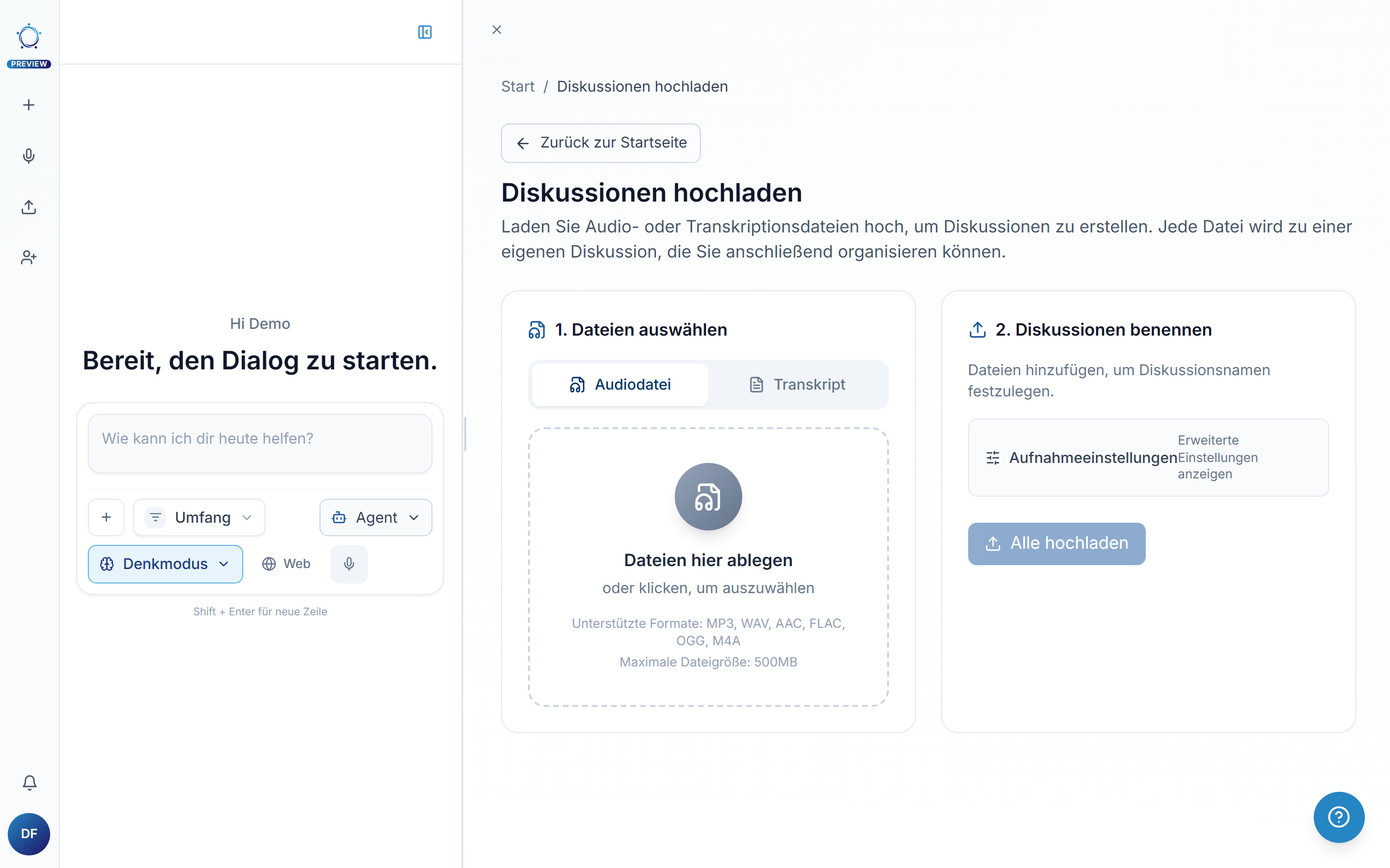 Die Upload-Seite mit Dateiauswahl links und Diskussions-Benennung rechts