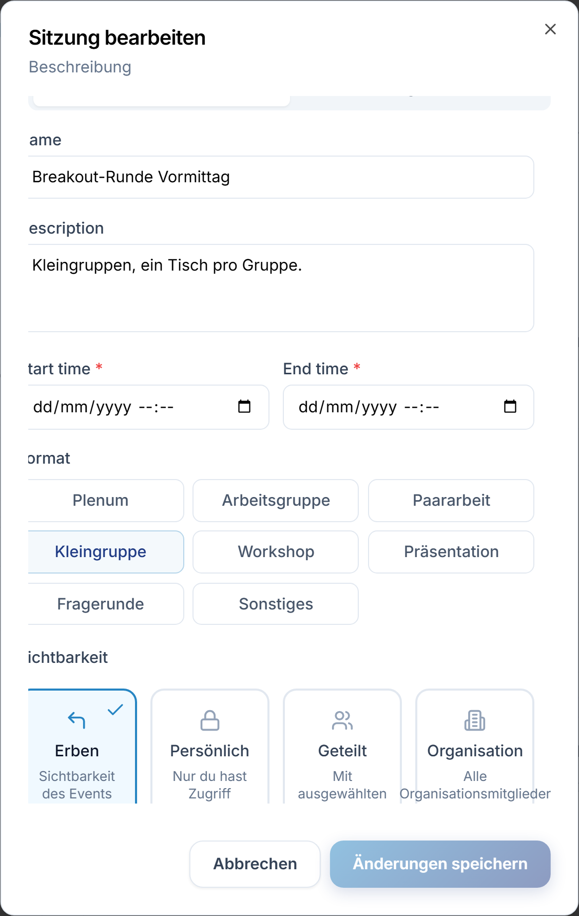 Die Sichtbarkeits-Kacheln im Bearbeiten-Dialog: Erben, Persönlich, Geteilt und Organisation