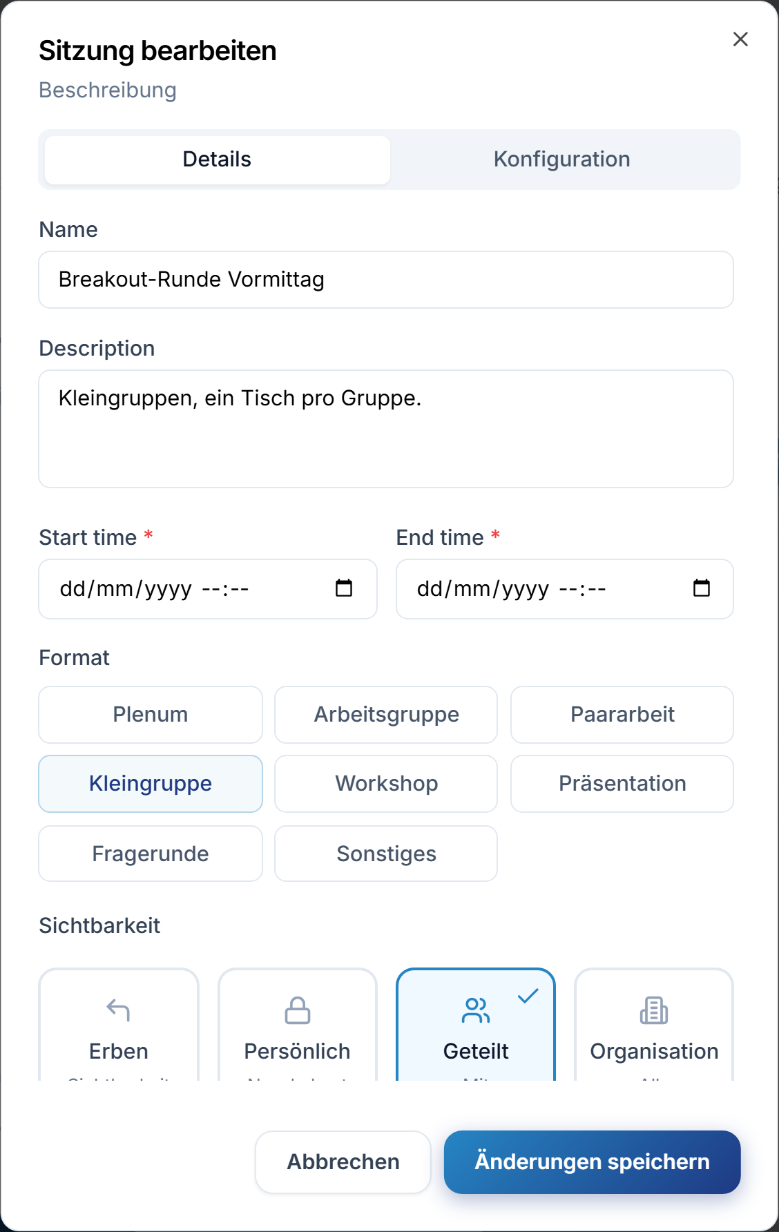 Die Kachel Geteilt in den Sichtbarkeitsoptionen, darunter die Mitgliederauswahl