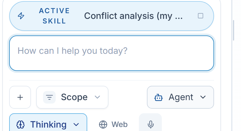 The Active skill chip with the skill's name, pinned above the message box.