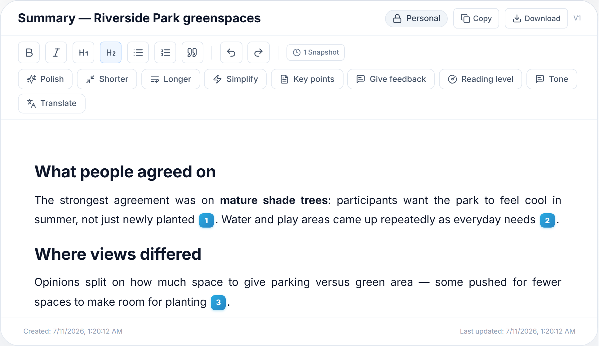 A document in the canvas: the formatting toolbar, the AI rewrite actions (Polish, Simplify, Translate…) and citation chips in the text.