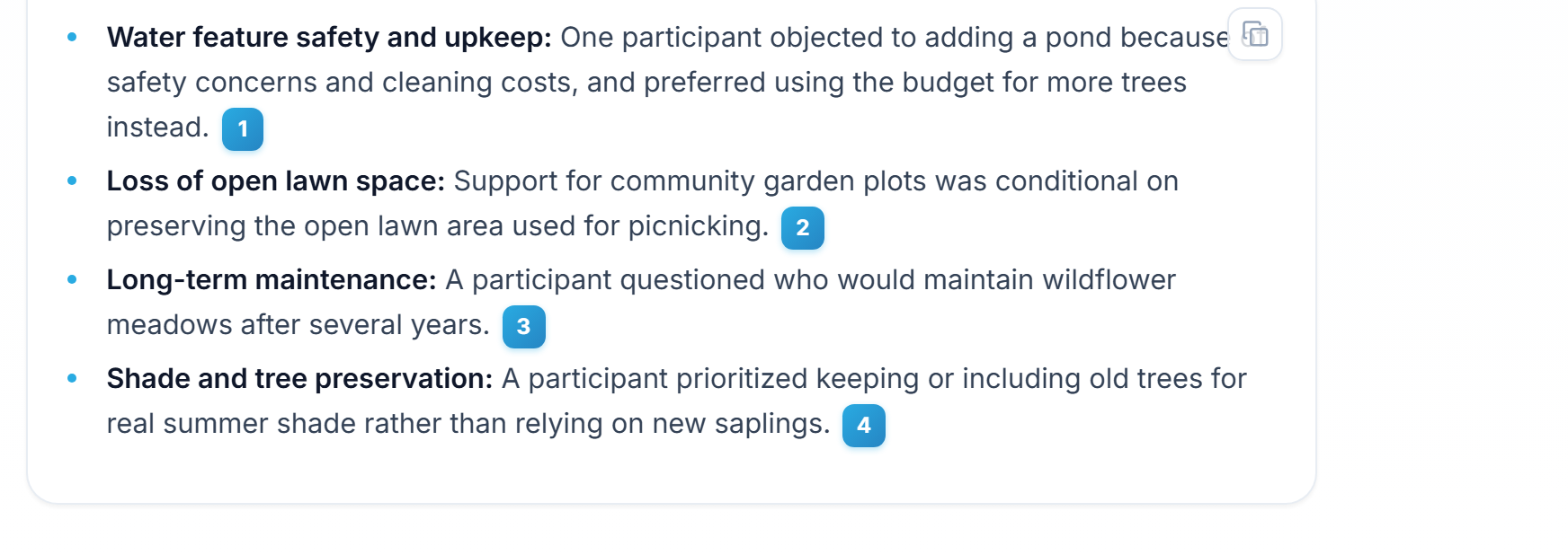 A Co-Pilot answer with bulleted findings, each ending in a numbered citation you can click to open the source.