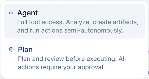 The mode menu below the message box: choose between Agent and Plan.