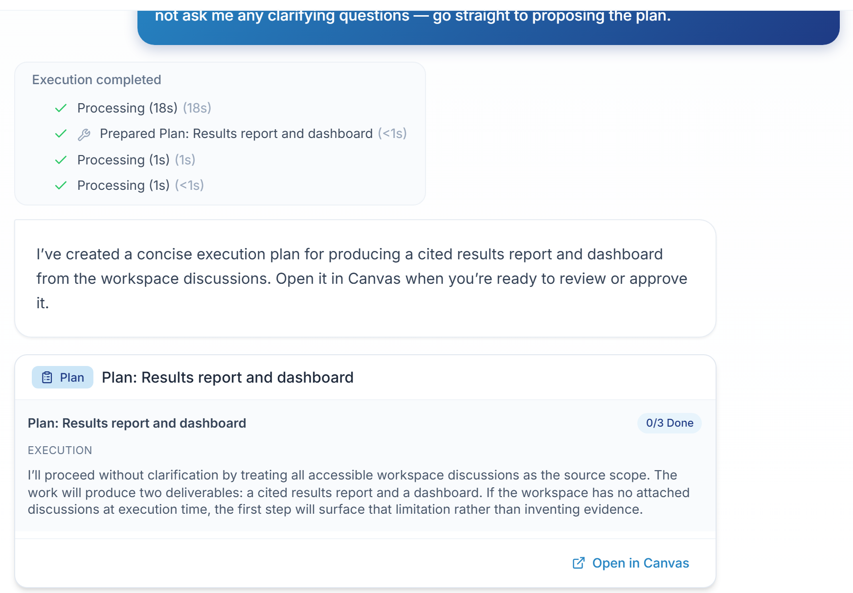 Plan mode reply: the assistant message and the plan card with its step counter and the Open in Canvas link.