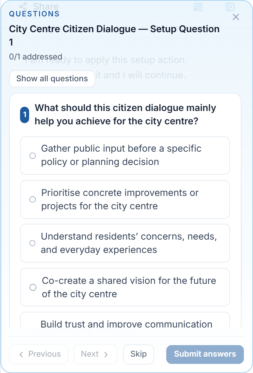 The Questions card: a multiple-choice question with an Other free-text field and the Previous, Next, Skip and Submit answers controls.