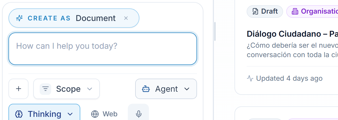 The Create as chip above the message box, showing the pinned artifact type.