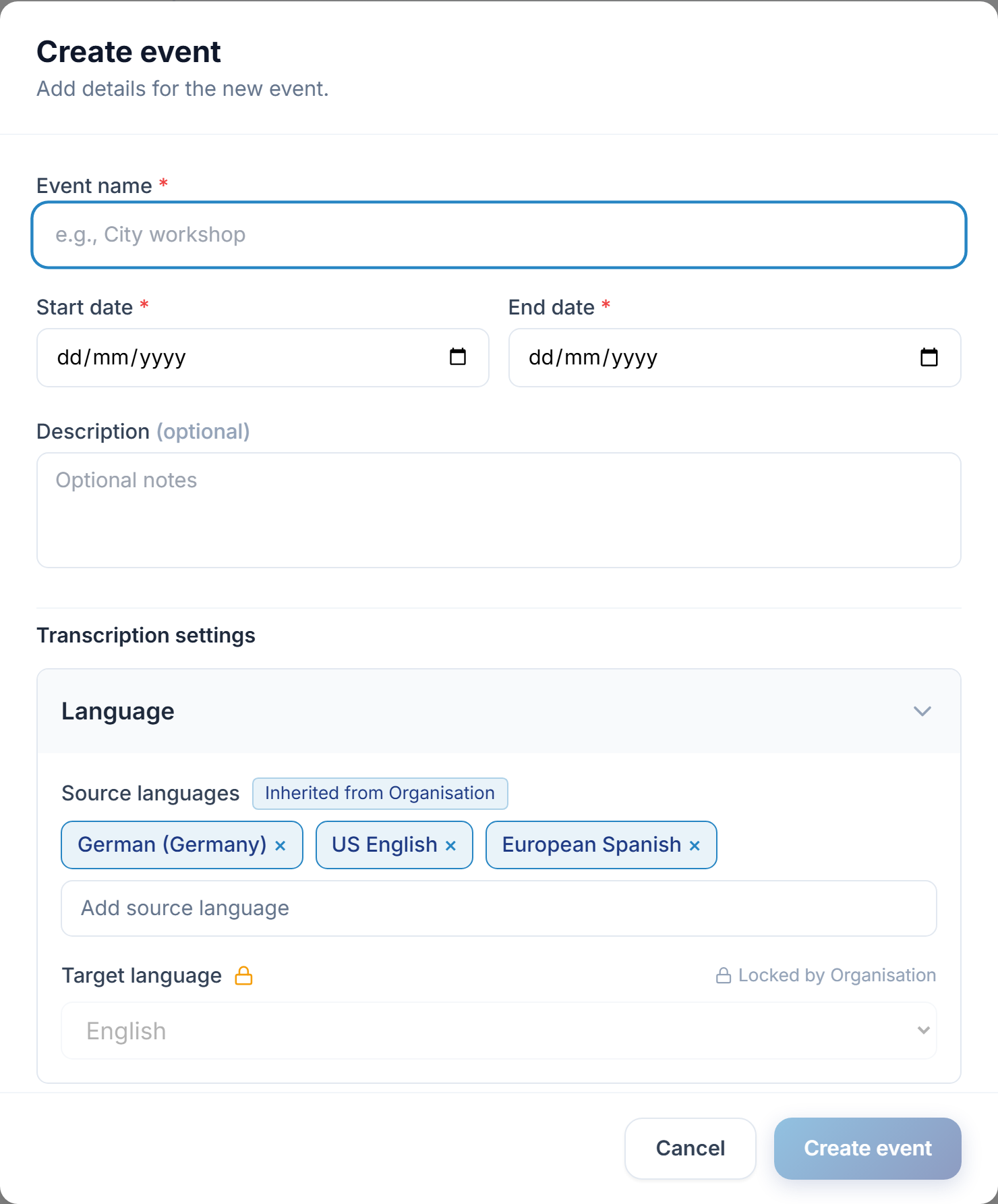 The Create event dialog: event name plus start and end dates within the project range.