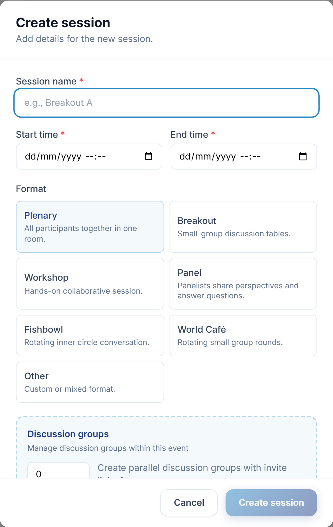 The Create session dialog: name, start/end times, the seven format tiles, and the Discussion groups box.