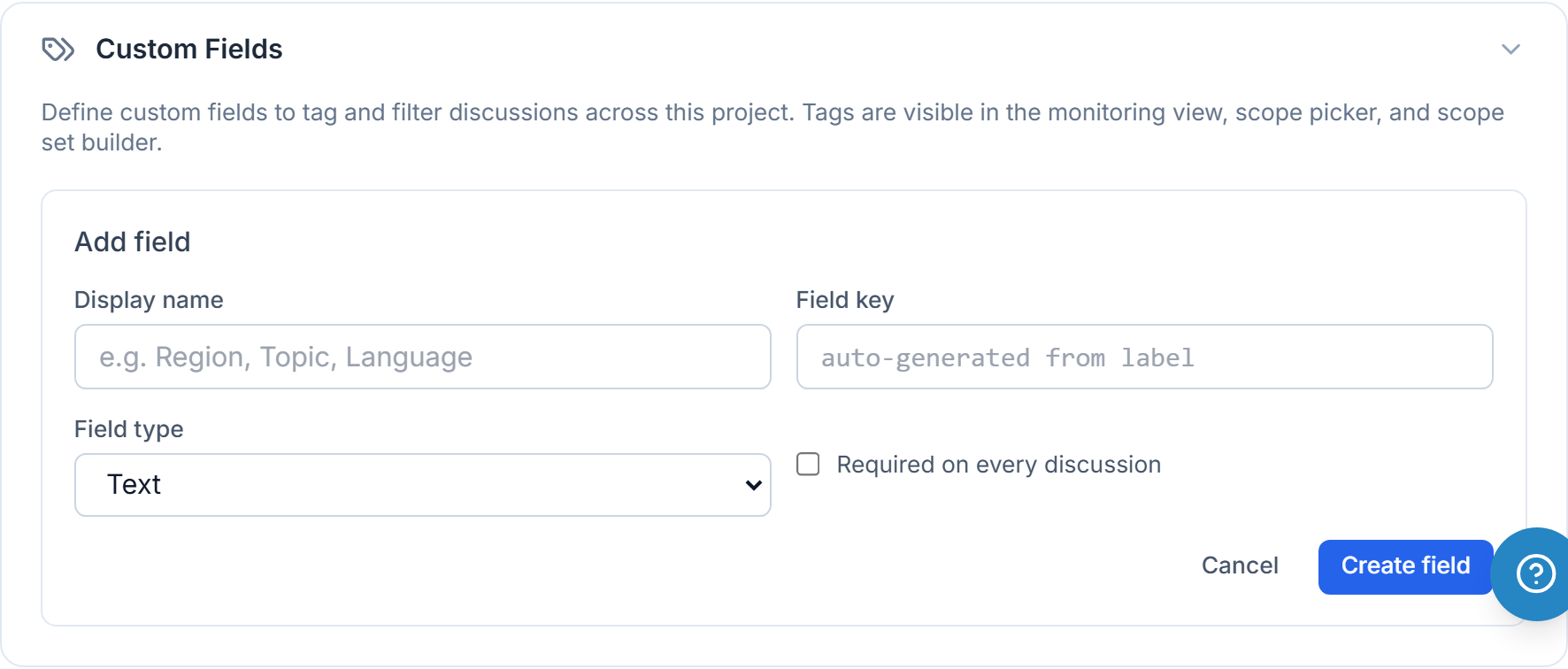 The Custom Fields section expanded, with the Add field form: display name, field key, field type and the required toggle.