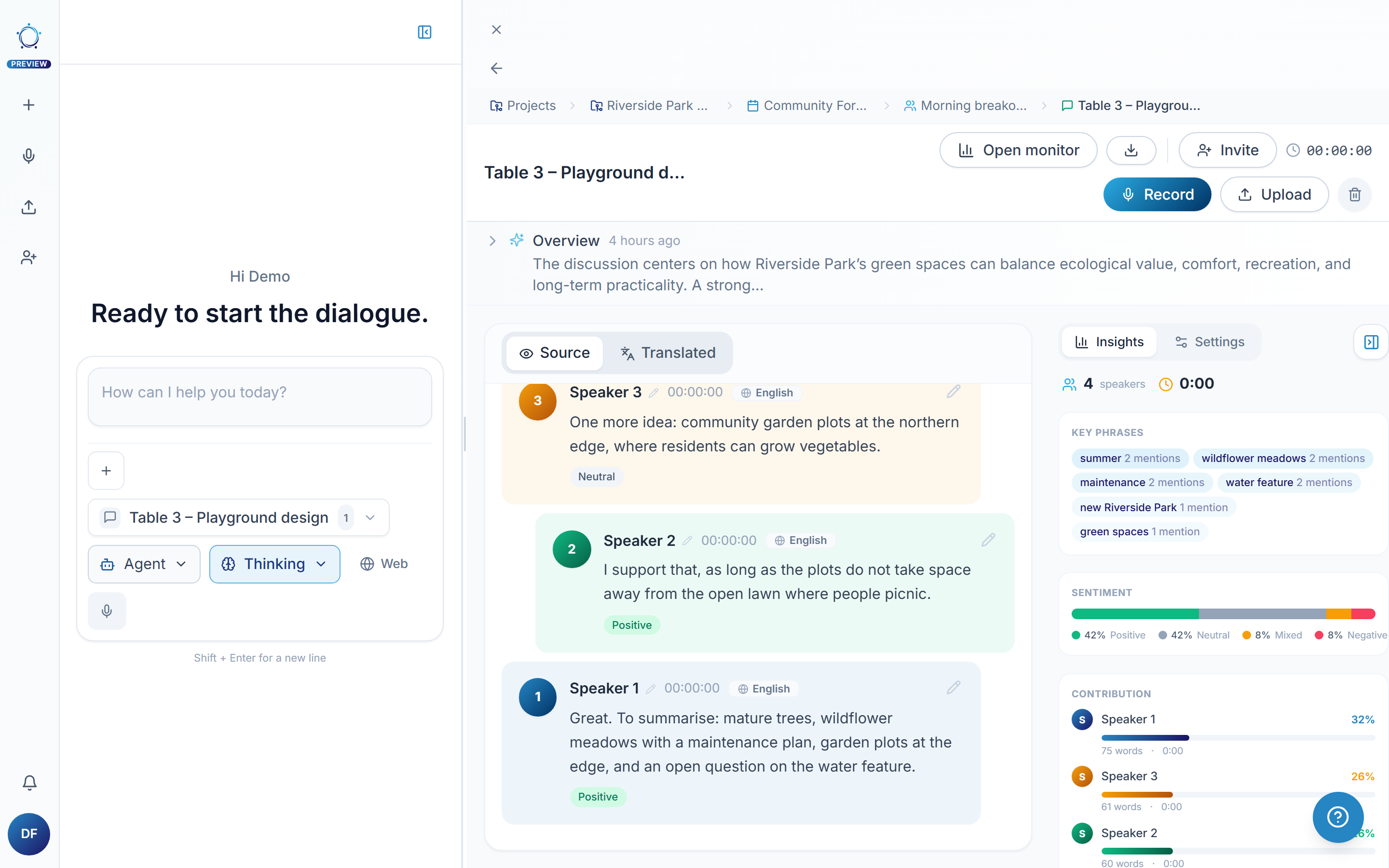 The discussion view that opens after Create: the transcript grows on the left while people speak.