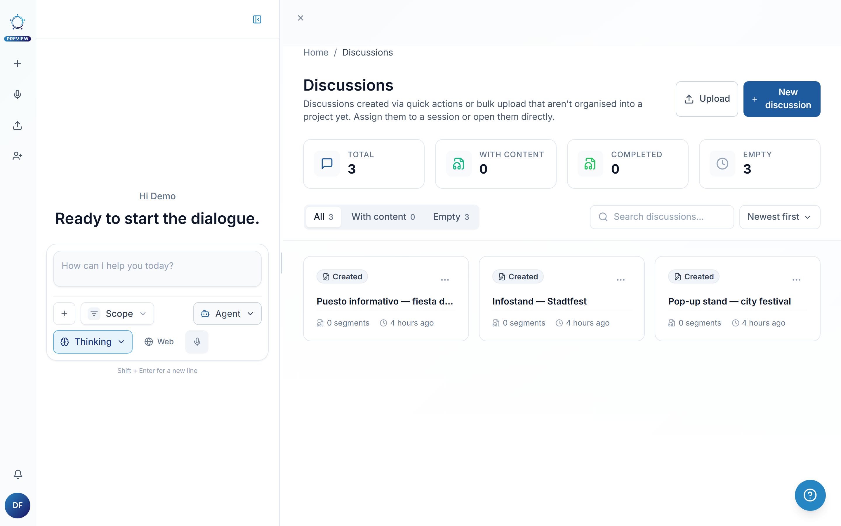 The list of unassigned discussions with filters and counters