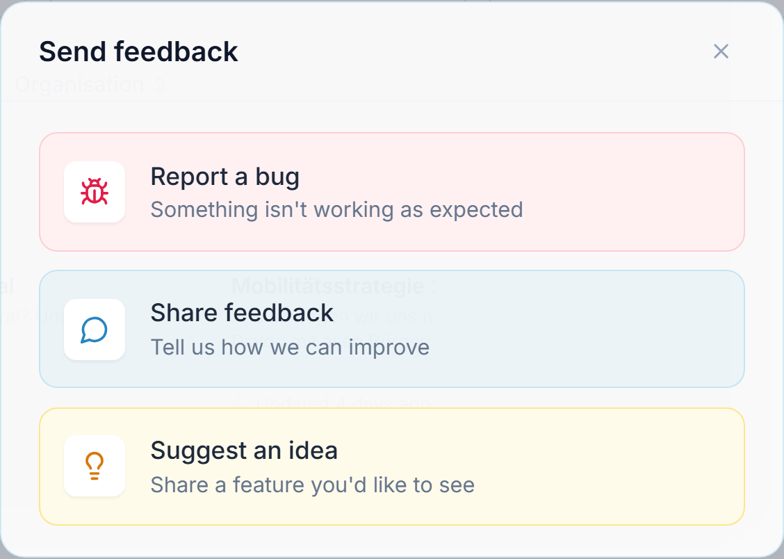 The feedback dialog: choose Report a bug, Share feedback or Suggest an idea, describe what happened, and use Take screenshot to attach your view.