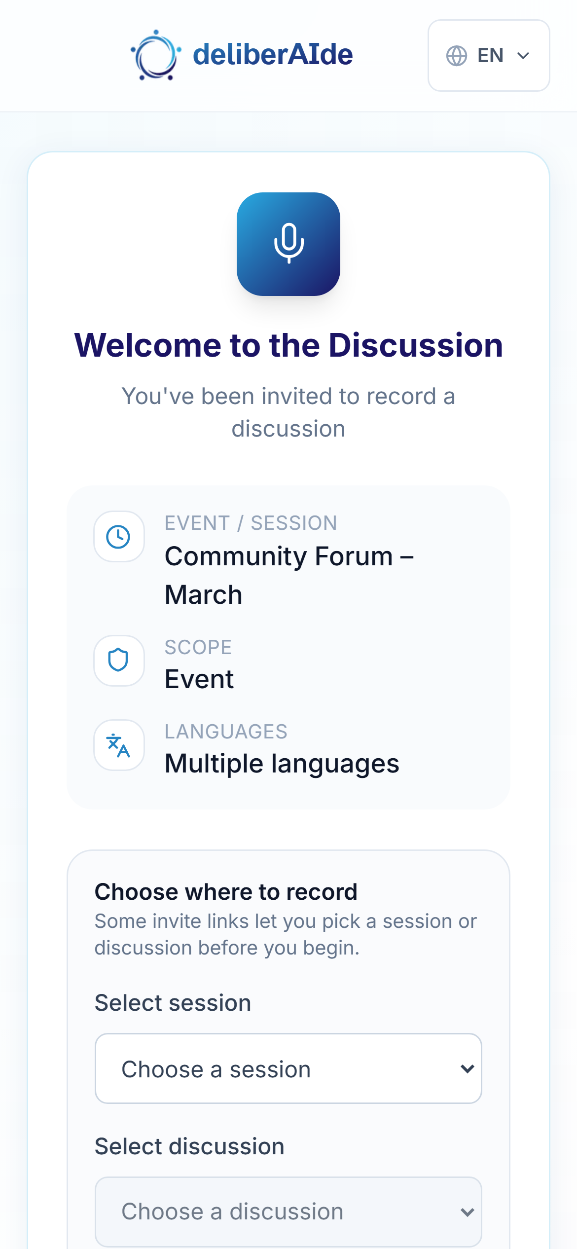 The welcome page with the Choose where to record box and its Select session and Select discussion dropdowns.