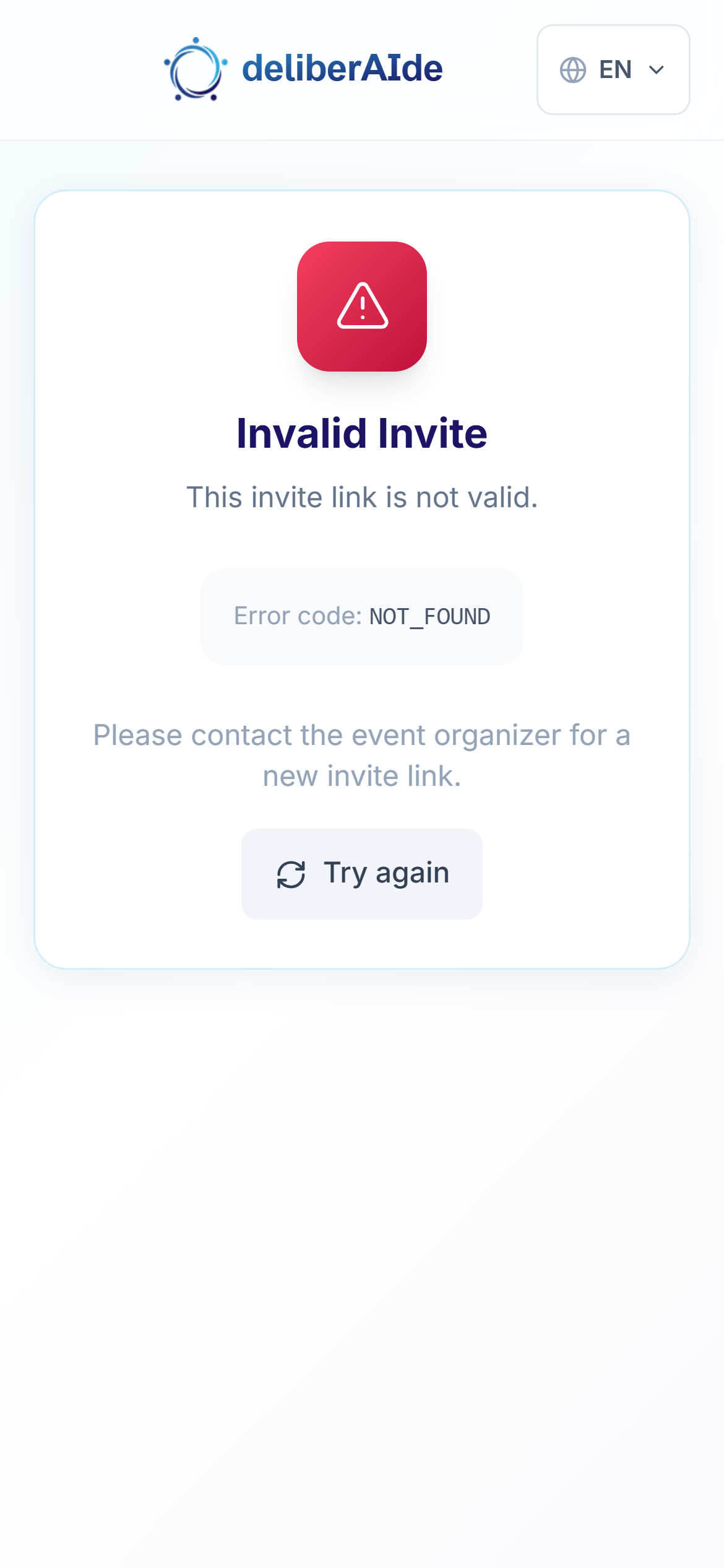 The Invalid Invite page on a guest's phone, asking them to contact the organiser for a new link.