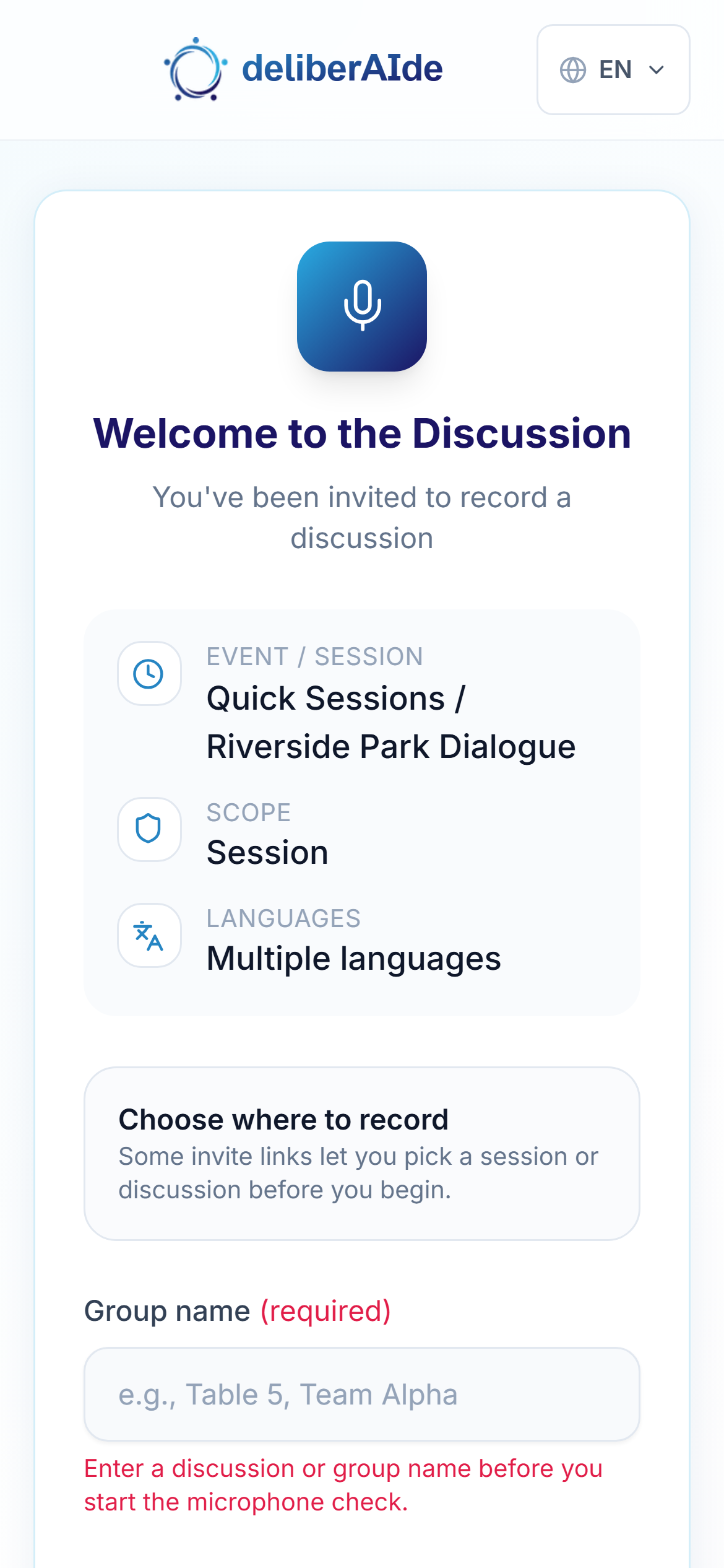 The guest welcome page — a group name and a consent tick, no account