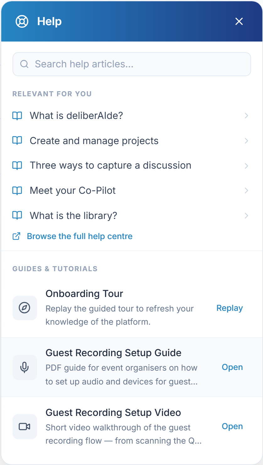 The Help panel behind the ? button, with guides and short videos under Guides & tutorials.