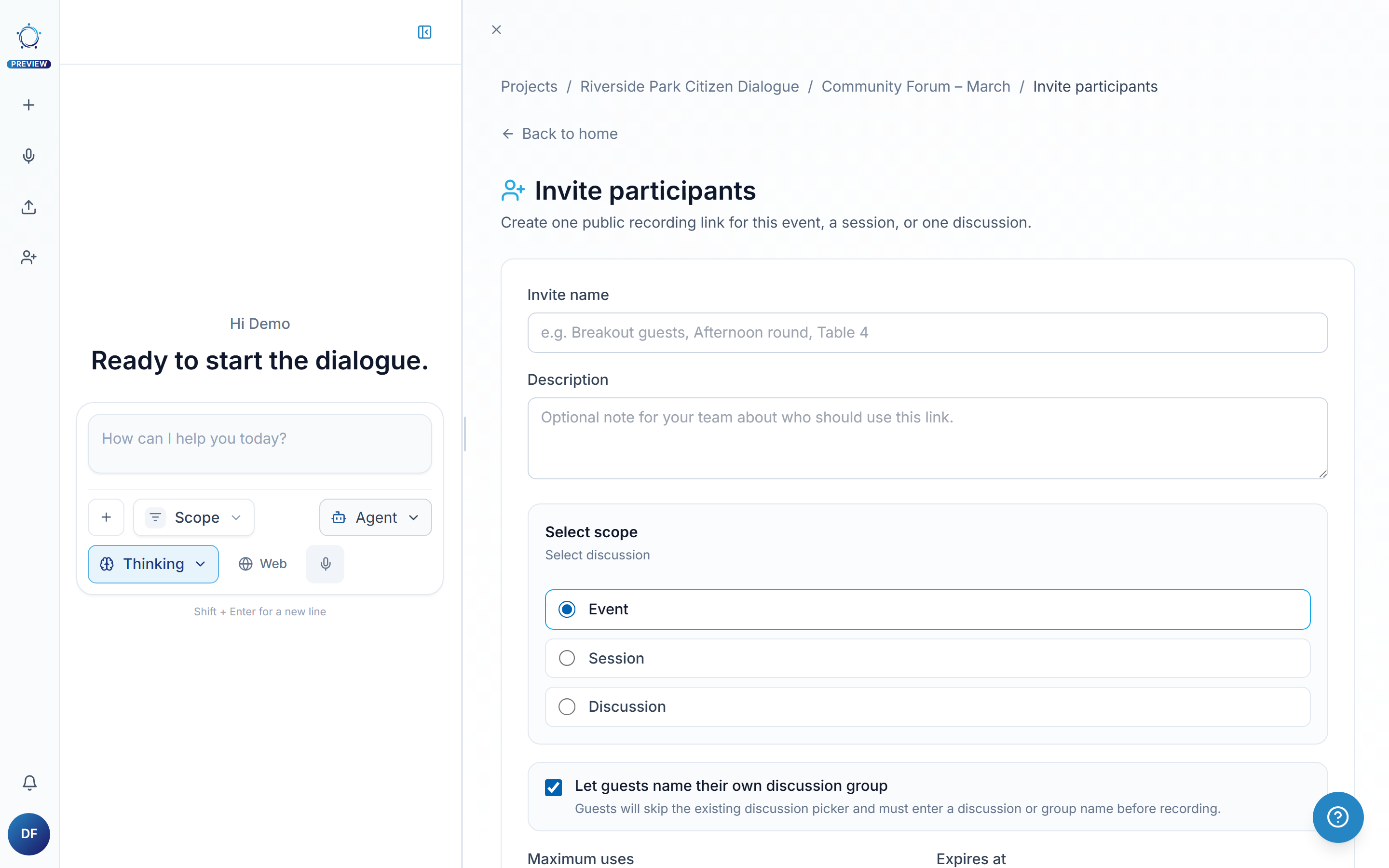 The event invite page: create a new link and manage each entry under Existing invite links.
