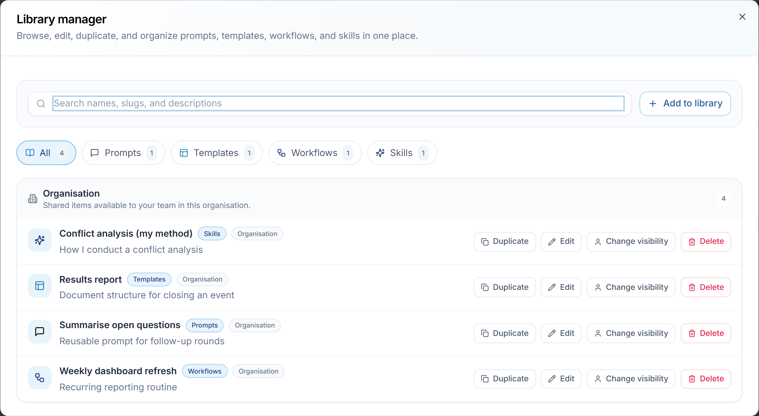 The Library manager: search, category filters and your organisation's items with Duplicate, Edit, Change visibility and Delete actions.