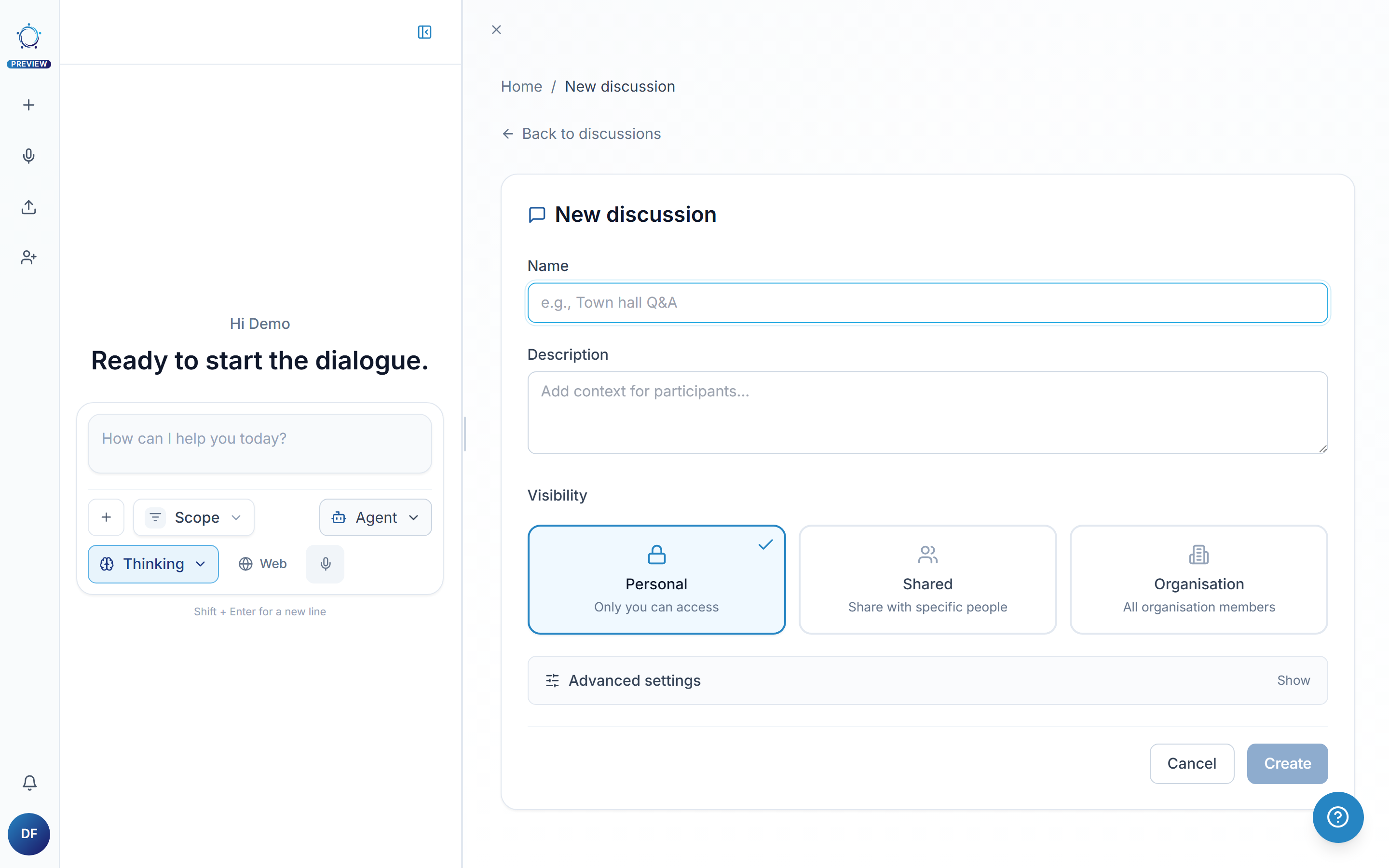 Enter a name, pick who can see the discussion, and click Create