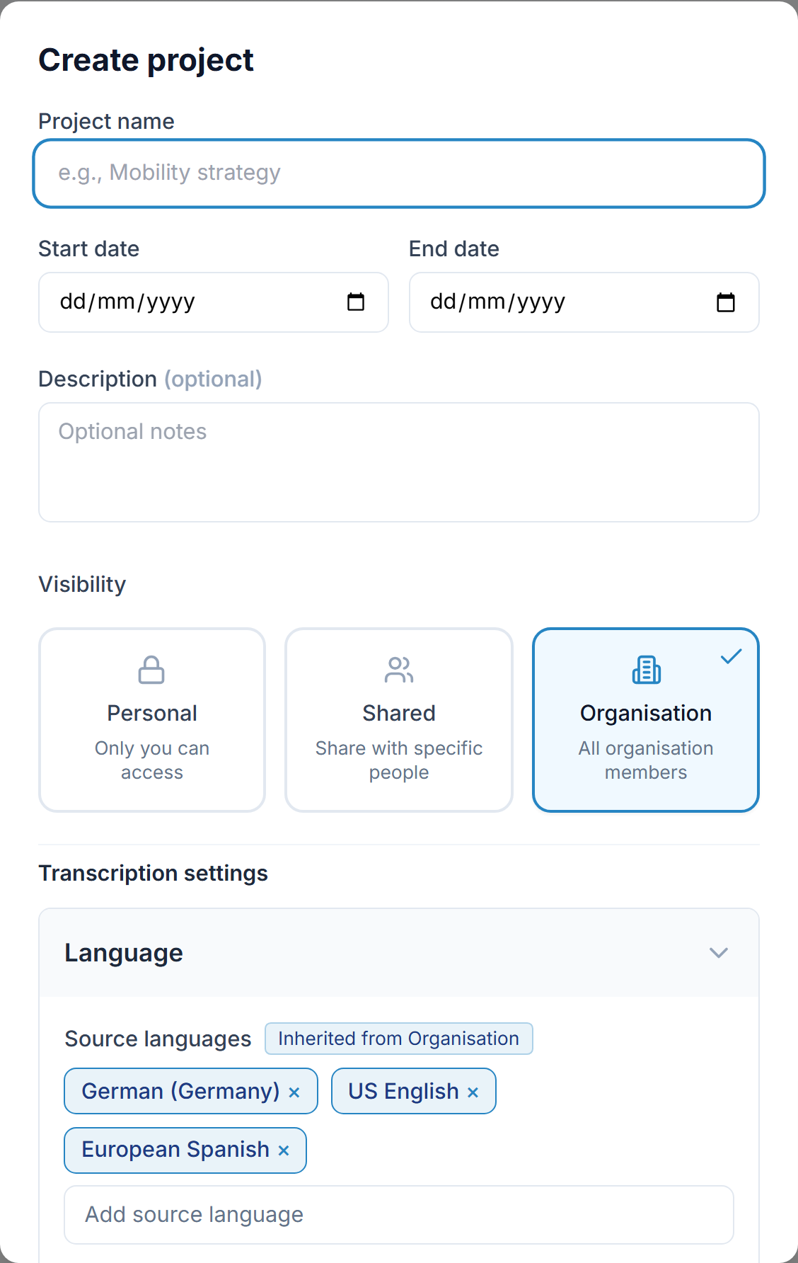 The New project dialog: project name, start and end dates, visibility, and the Create project button.