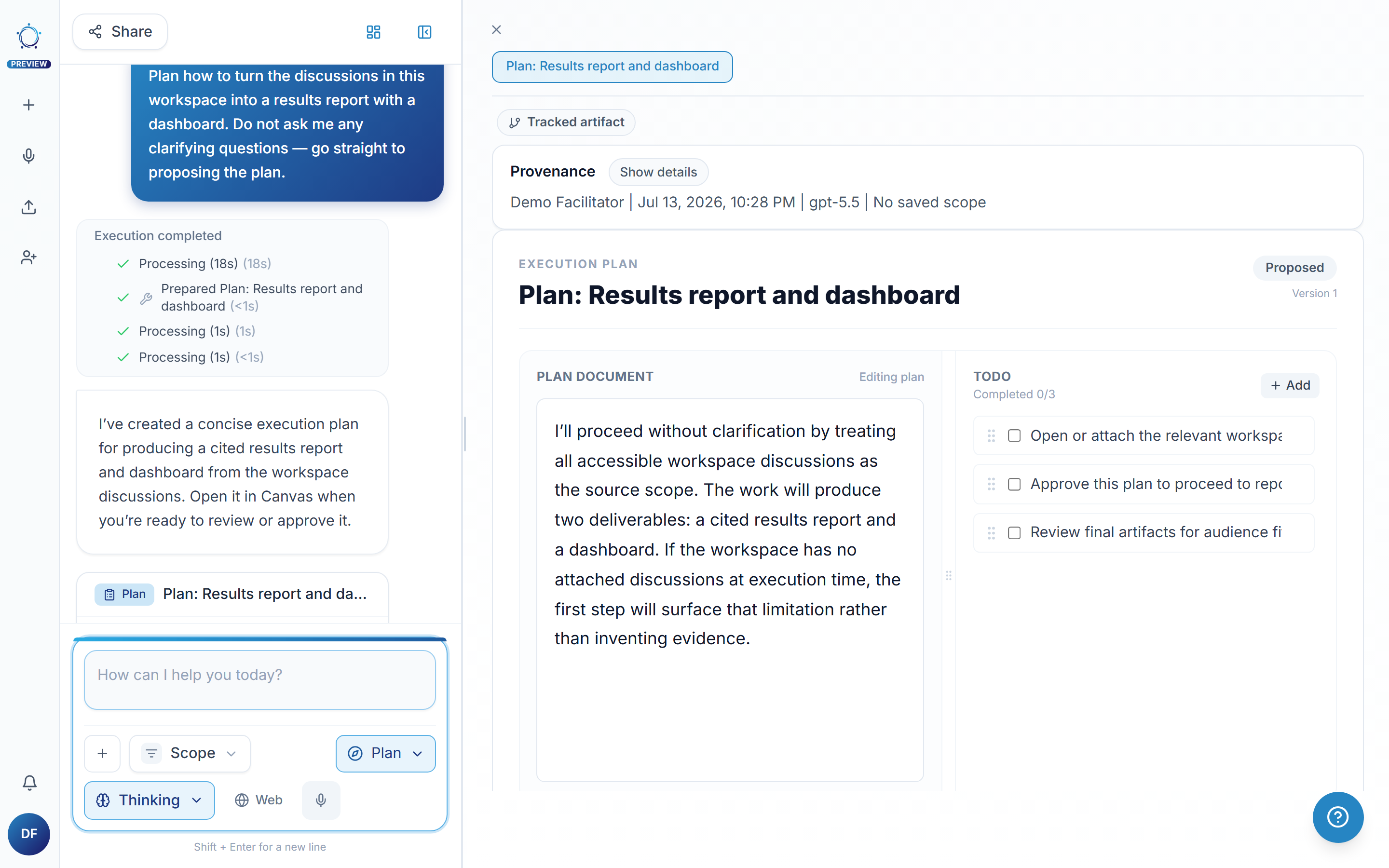The plan opened in the canvas: the plan document on the left, the step list with checkboxes on the right, the Proposed badge on top.