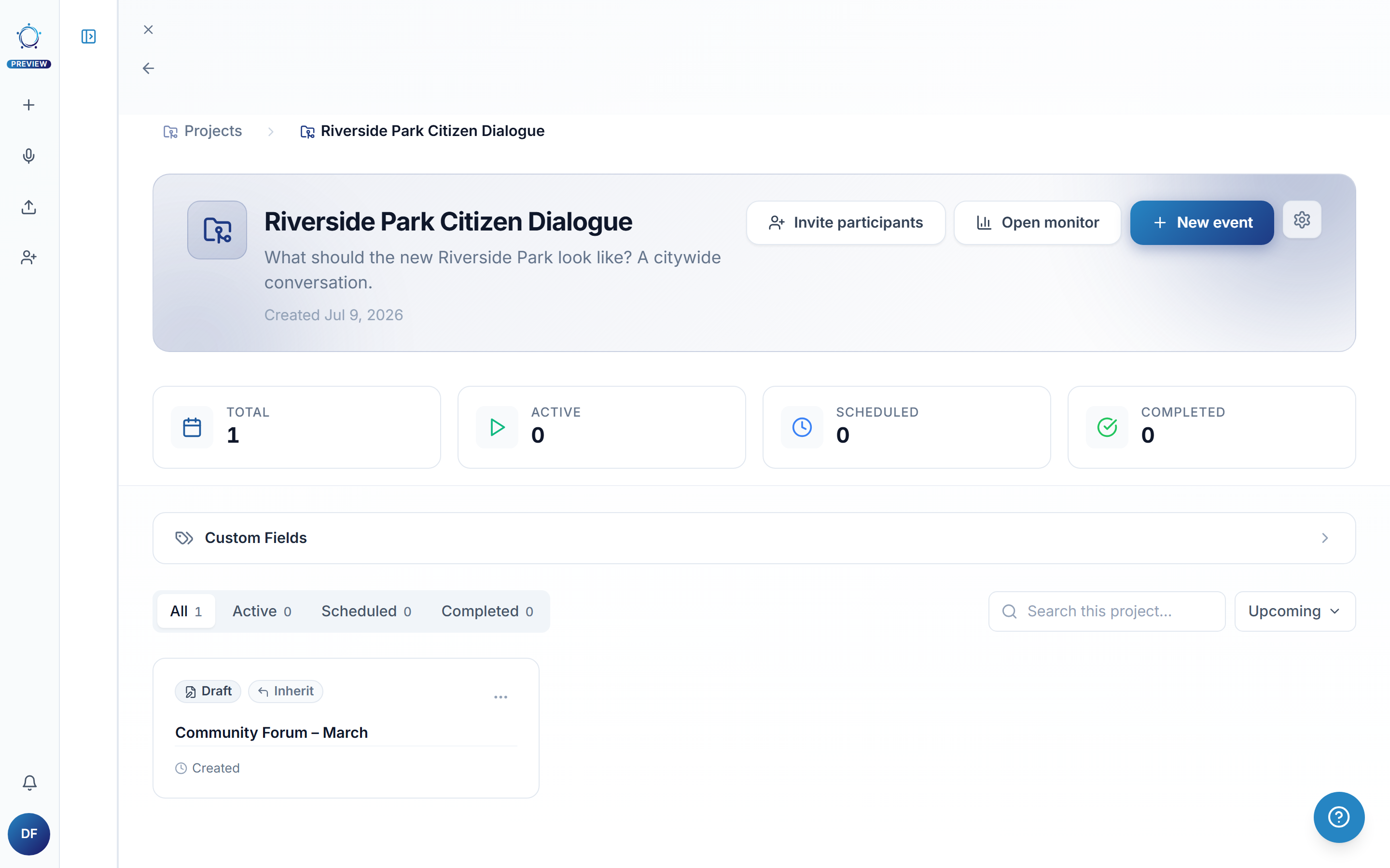 The project page: one card per event and the New event button in the top right.